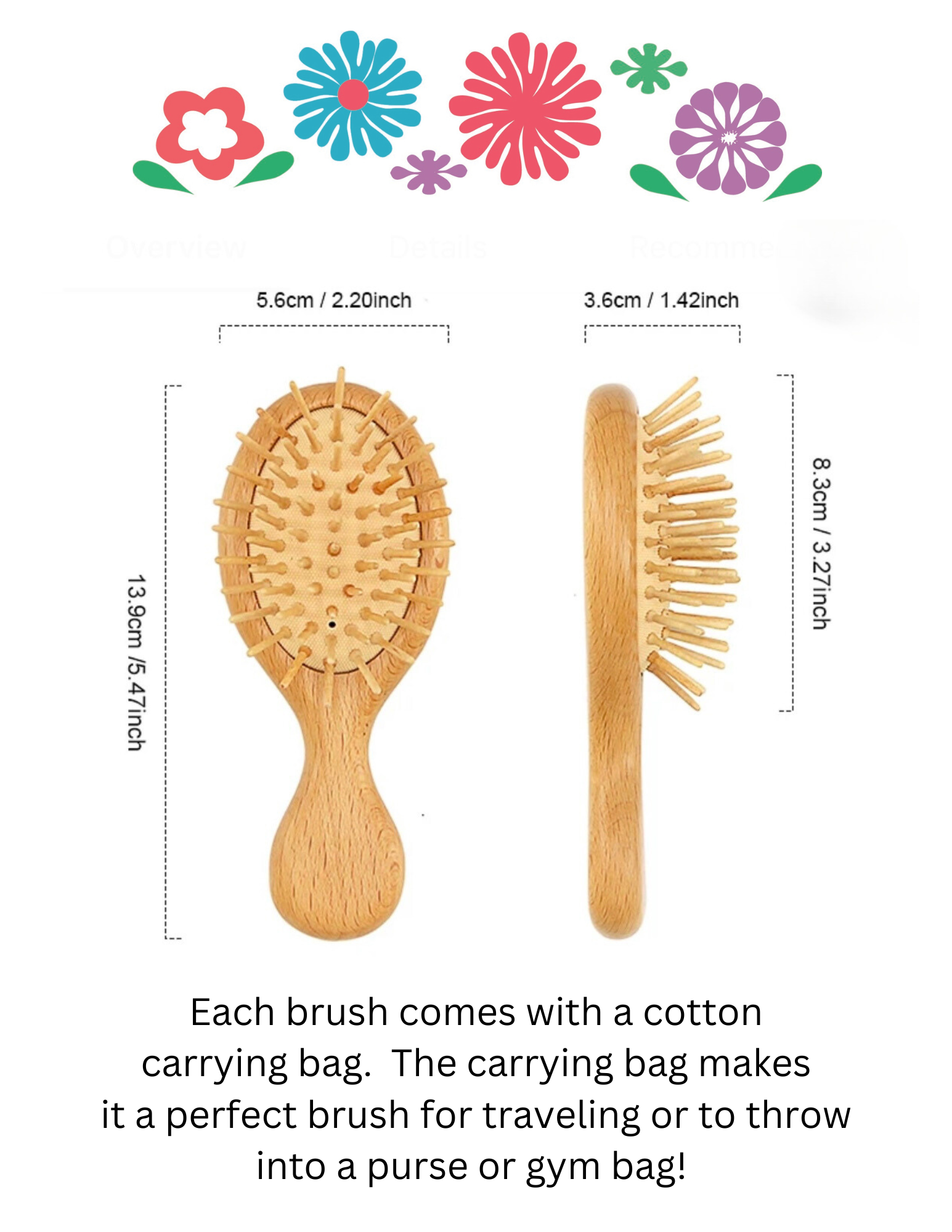 Personalized Mini Bamboo Hair Brush with Travel Bag