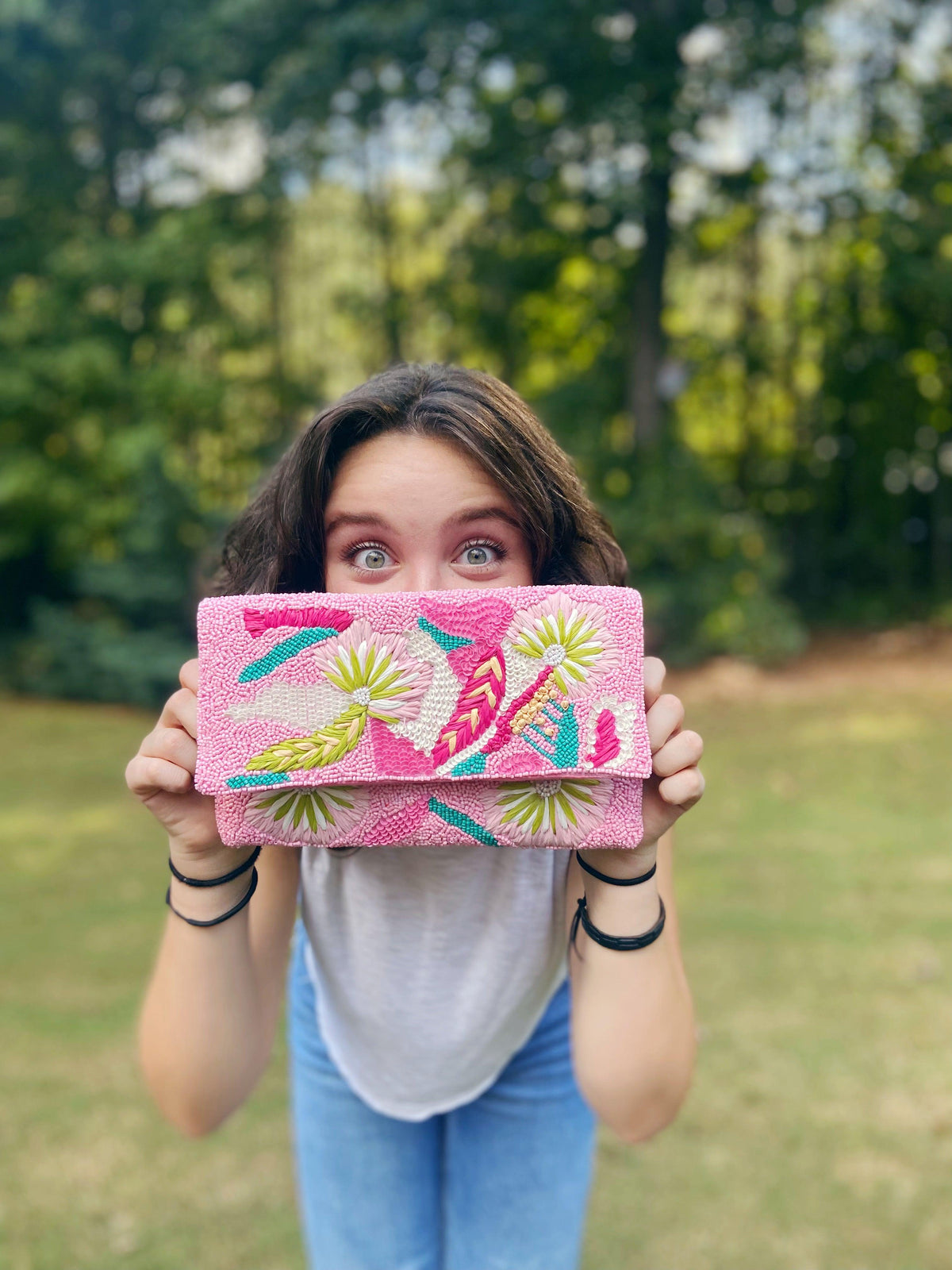 Pink Tropical Beaded Clutch MKay Style