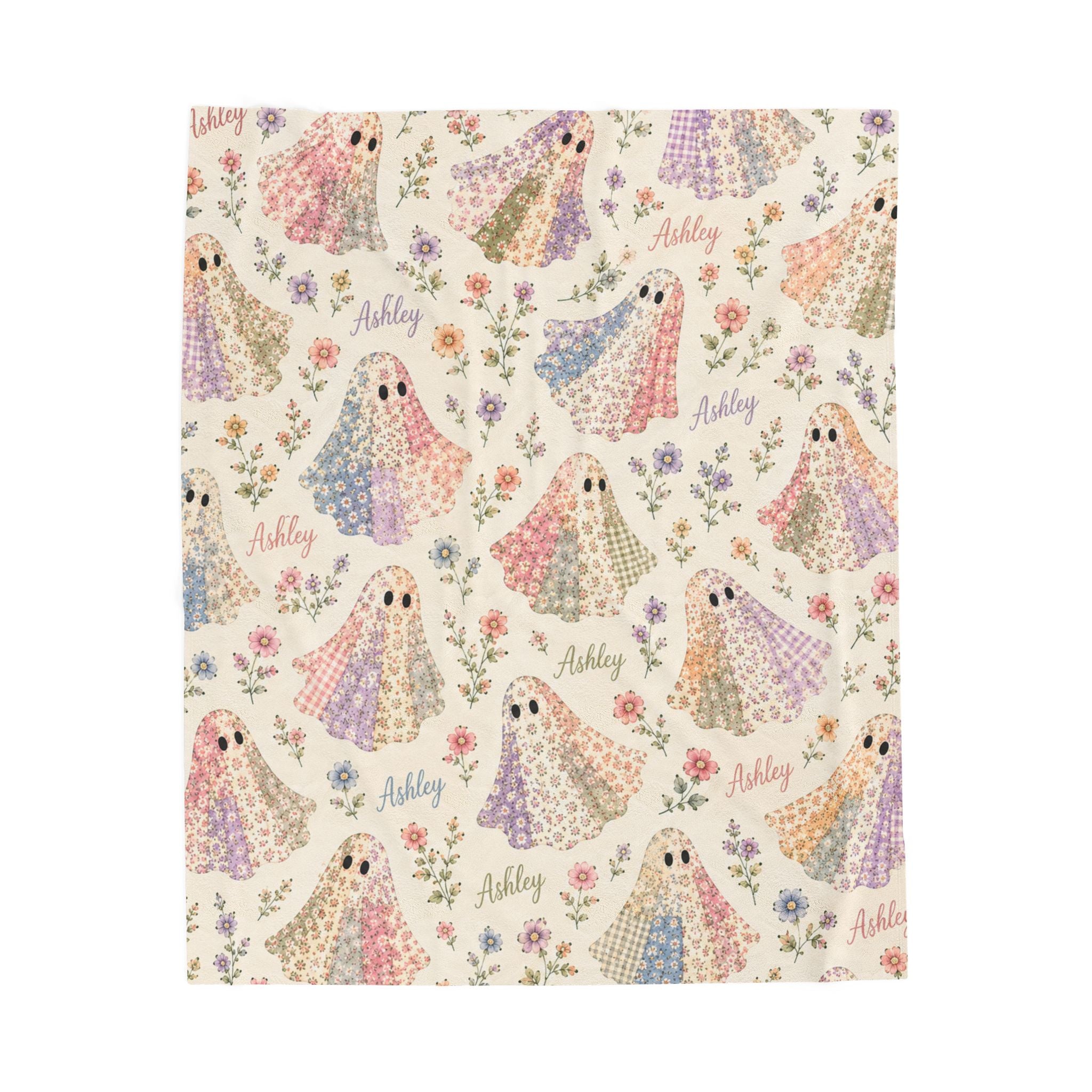 Pastel Floral Ghost Pattern Velveteen Plush Blanket | Personalized Name Option