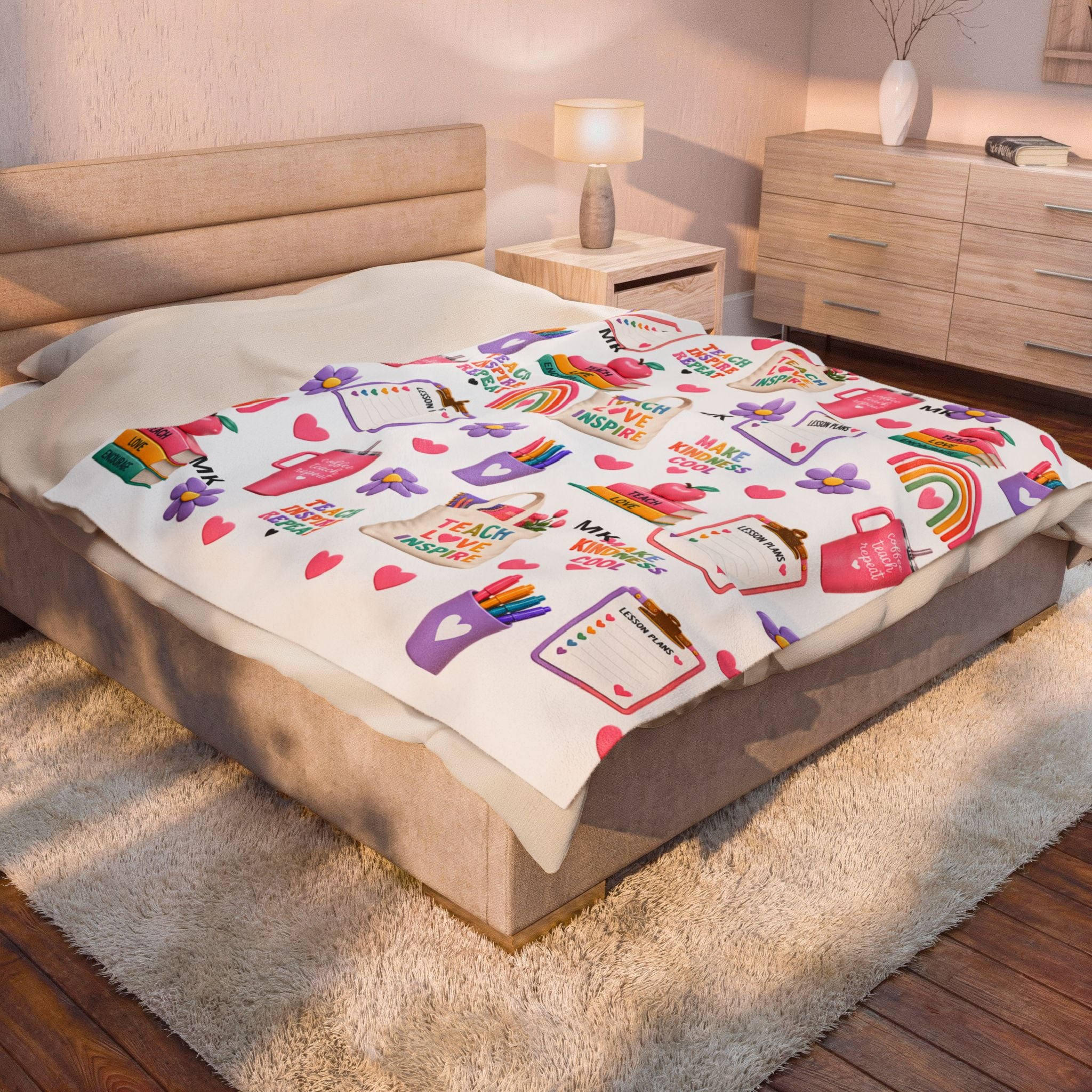 Teacher Themed Pattern Velveteen Plush Blanket | Teach Love Inspire, Rainbows, School Supplies