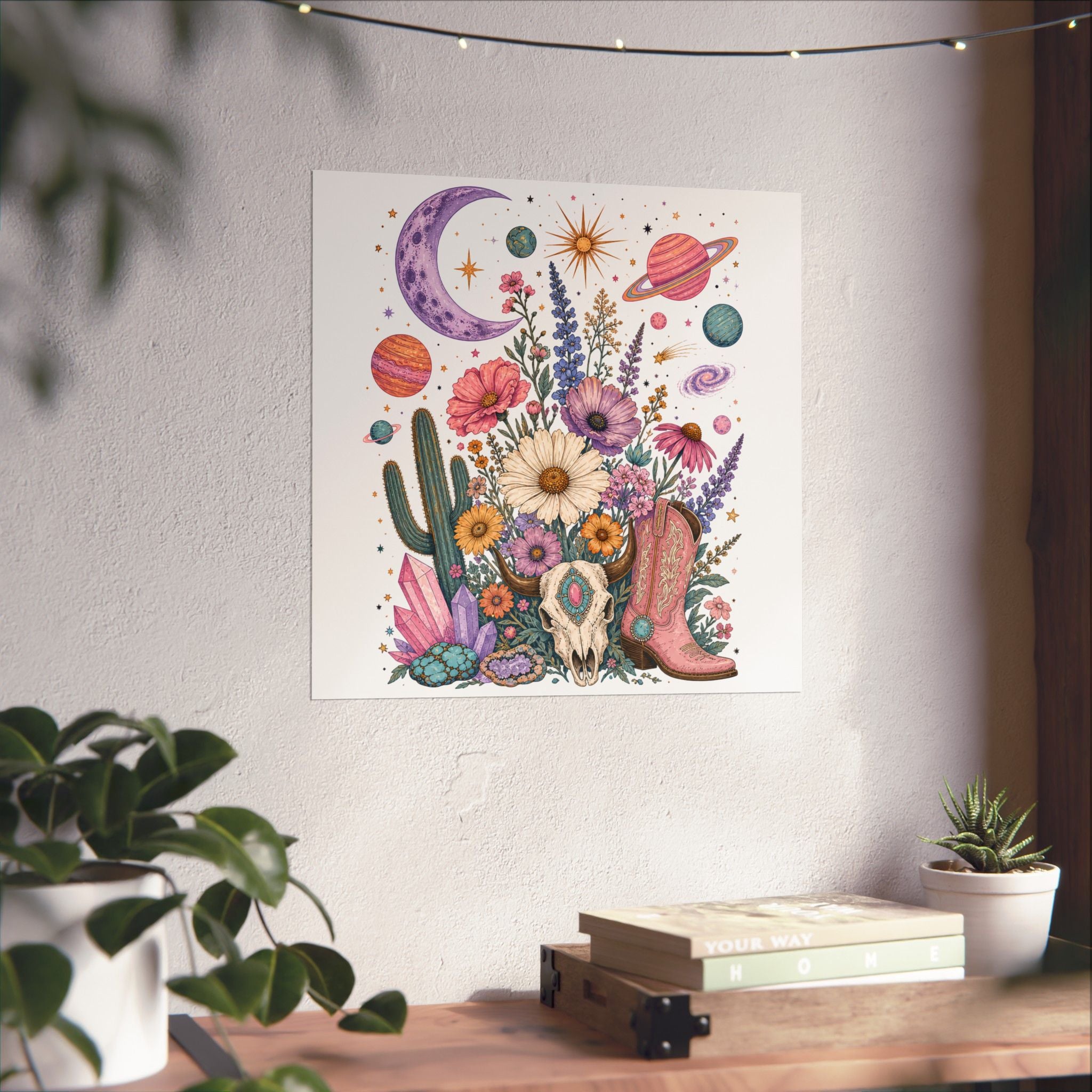 Celestial Wildflower Cow Skull Cowboy Boot Poster | Matte Vertical Poster