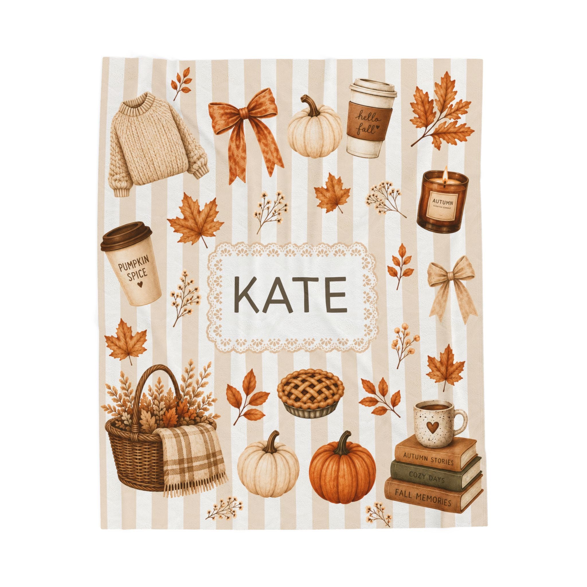 Personalized Autumn Dorm Blanet For College Girl, Custom Name Cozy Velveteen Blanket For Her, Aesthetic Fall Pumpkin Cozy Blanket, Dorm Gift