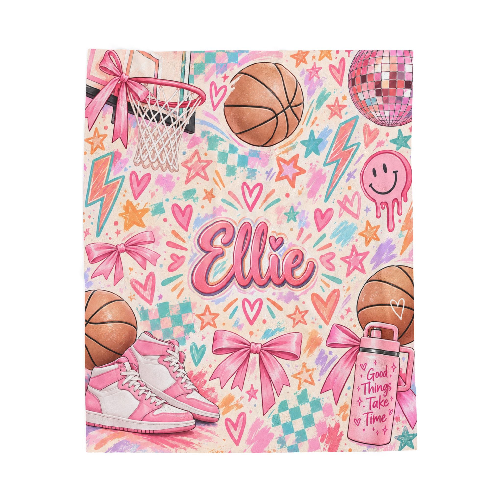 Personalized Basketball Plush Cozy Blanket For Girl | Custom Name Basketball Blanket Gift For Her