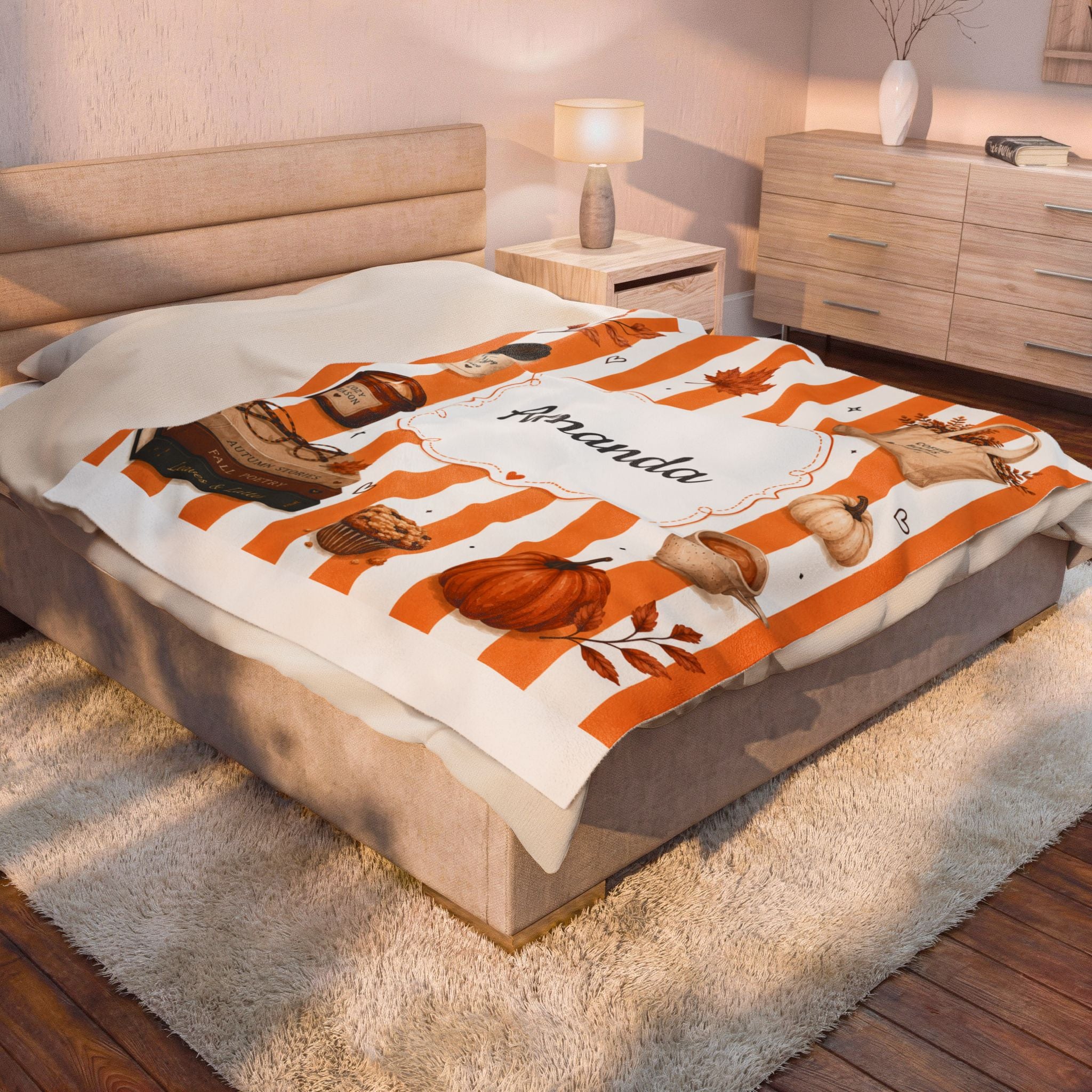 Personalized Autumn Cozy Velveteen Plush Blanket | Personalized Name Fall Throw