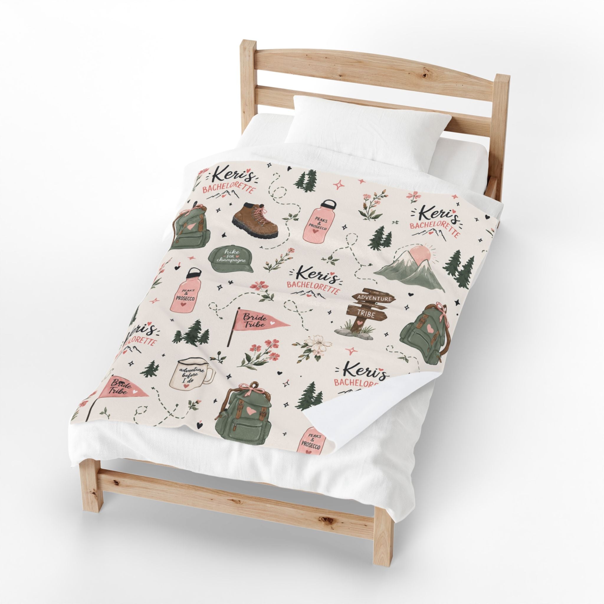 Custom Hiking Bachelorette Velveteen Blanket, Personalized Camping Bachelorette Party Gift, Mountain Bachelorette Favor, Matching Bach Gift
