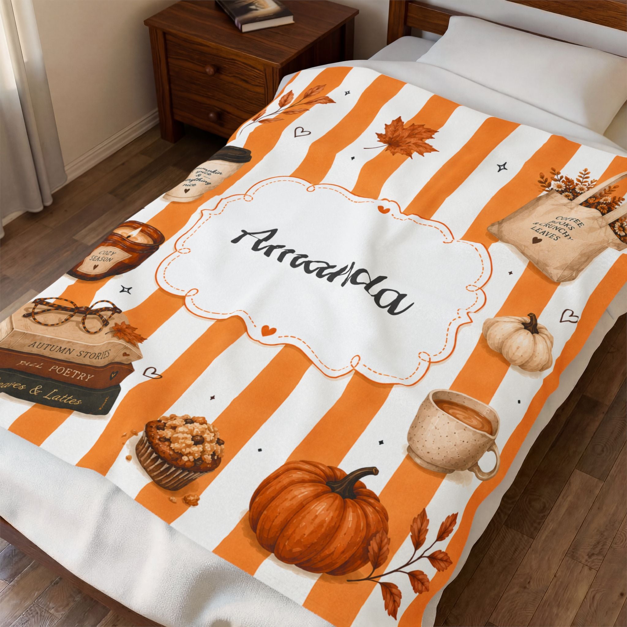 Personalized Autumn Cozy Velveteen Plush Blanket | Personalized Name Fall Throw