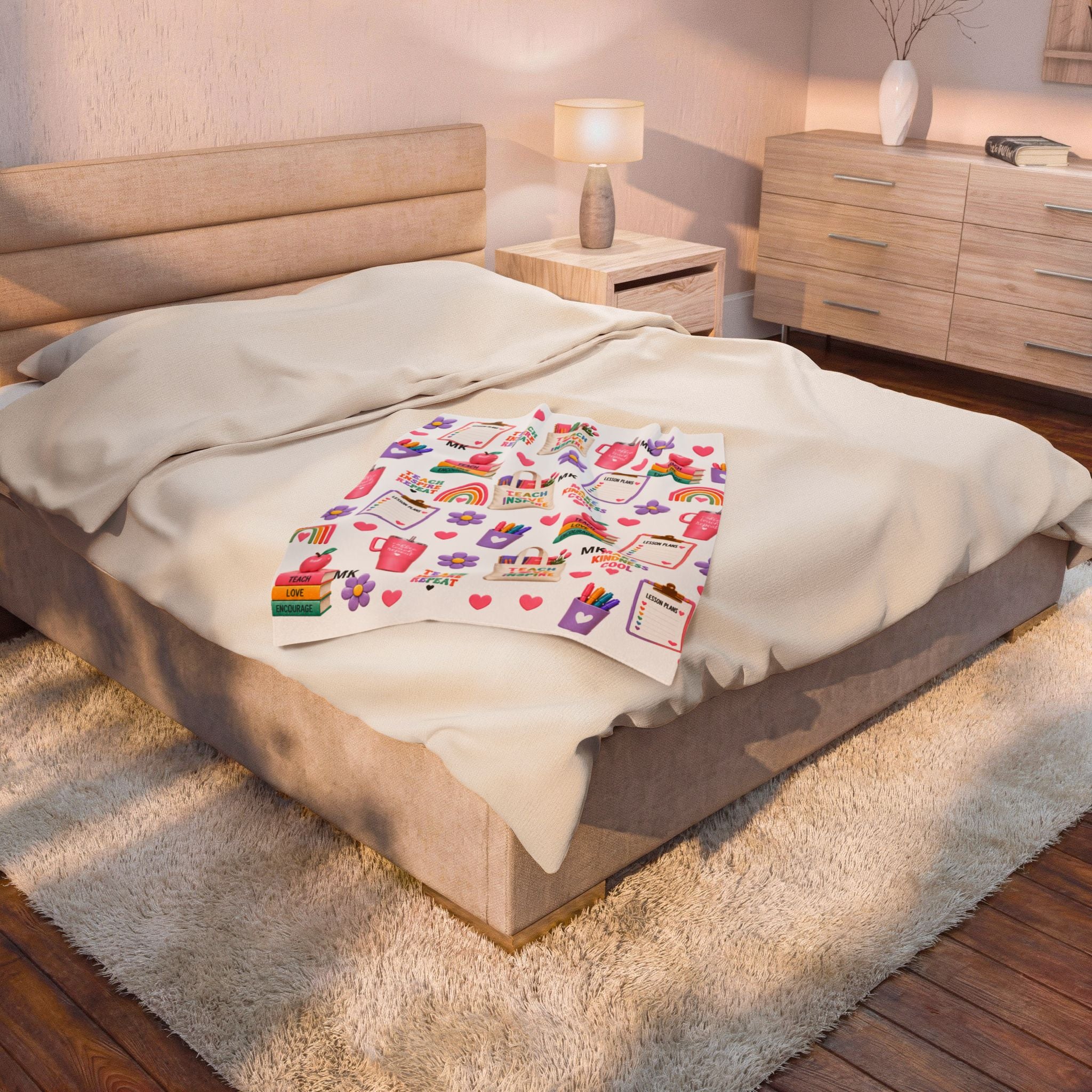 Teacher Themed Pattern Velveteen Plush Blanket | Teach Love Inspire, Rainbows, School Supplies