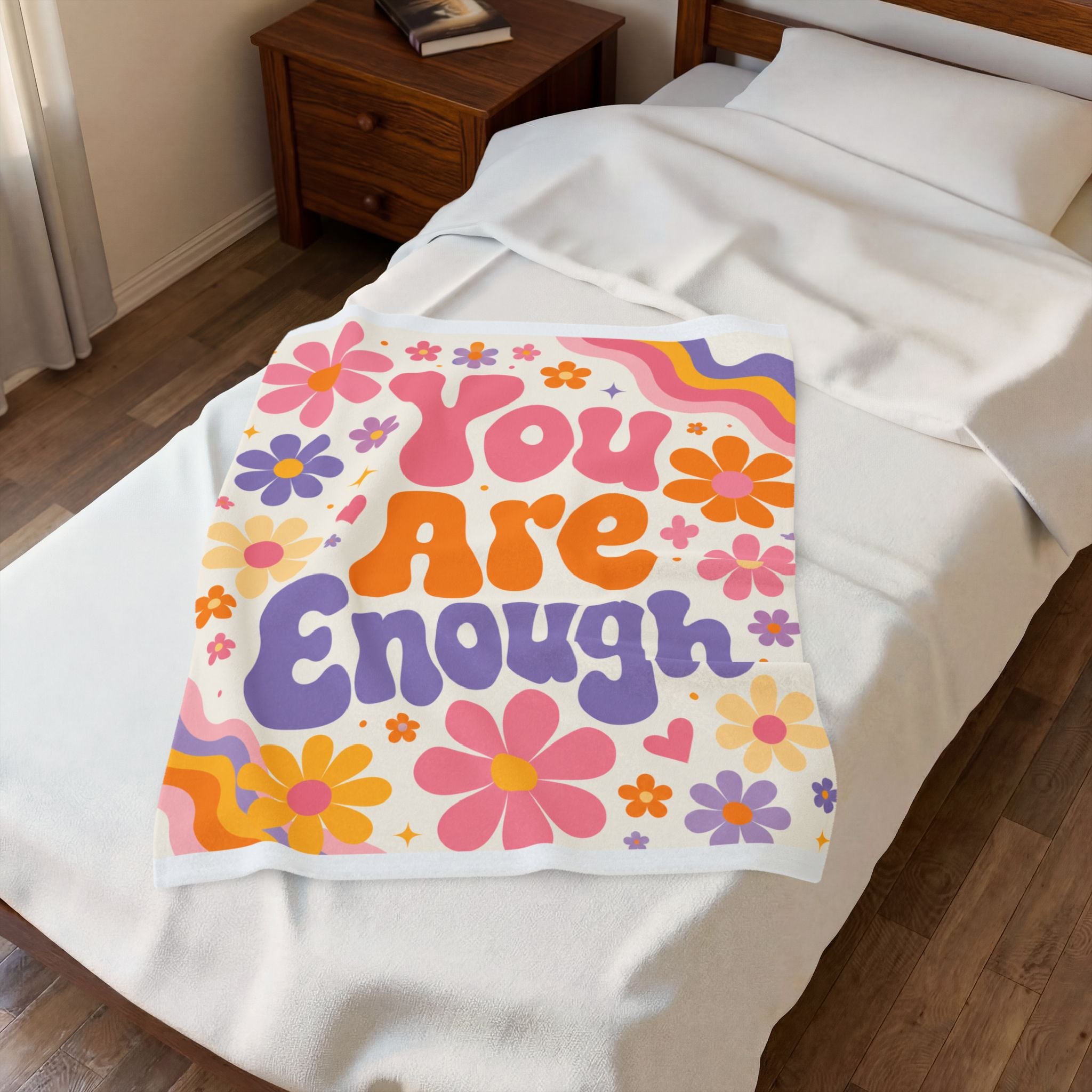 You Are Enough Velveteen Plush Blanket, Retro Flower Positive Quote Blanket, Dopamine Decor Teen Girl Room, College Girl Dorm Decor, Gift