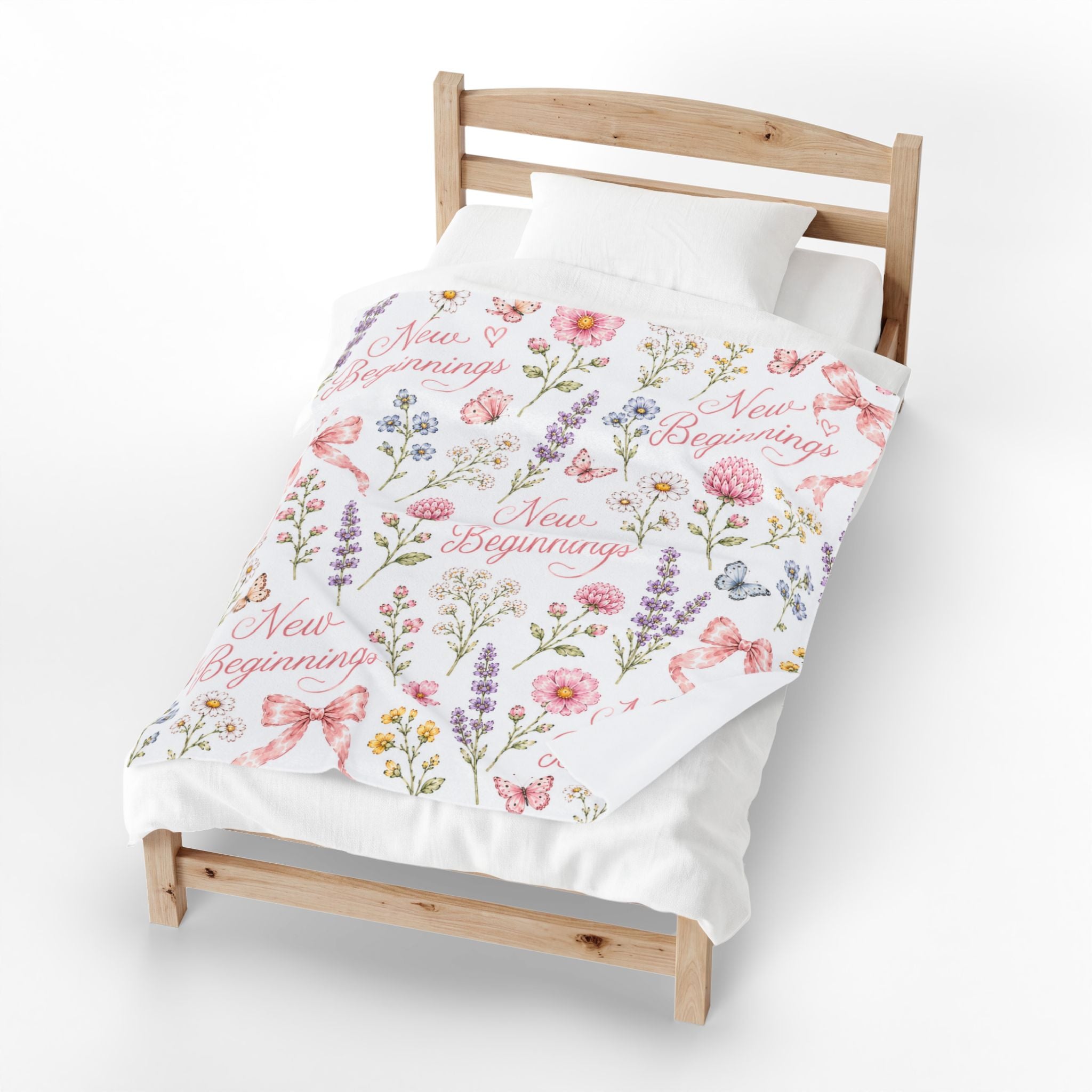 New Beginnings Floral Pattern Velveteen Plush Blanket | Pastel Flowers, Bows & Butterflies