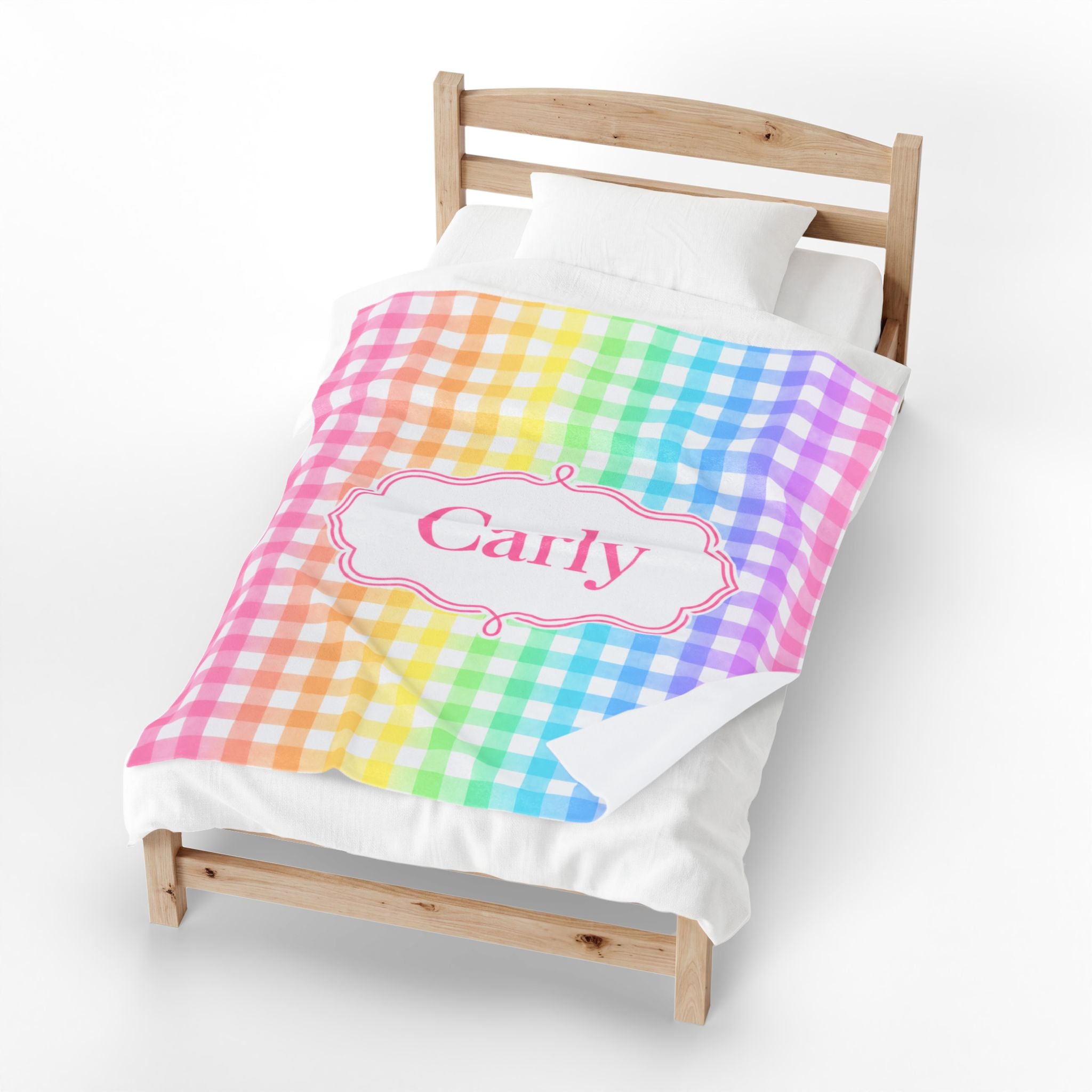 Personalized Rainbow Gingham Blanket Velveteen Plush Blanket | Custom Name Throw For Girl