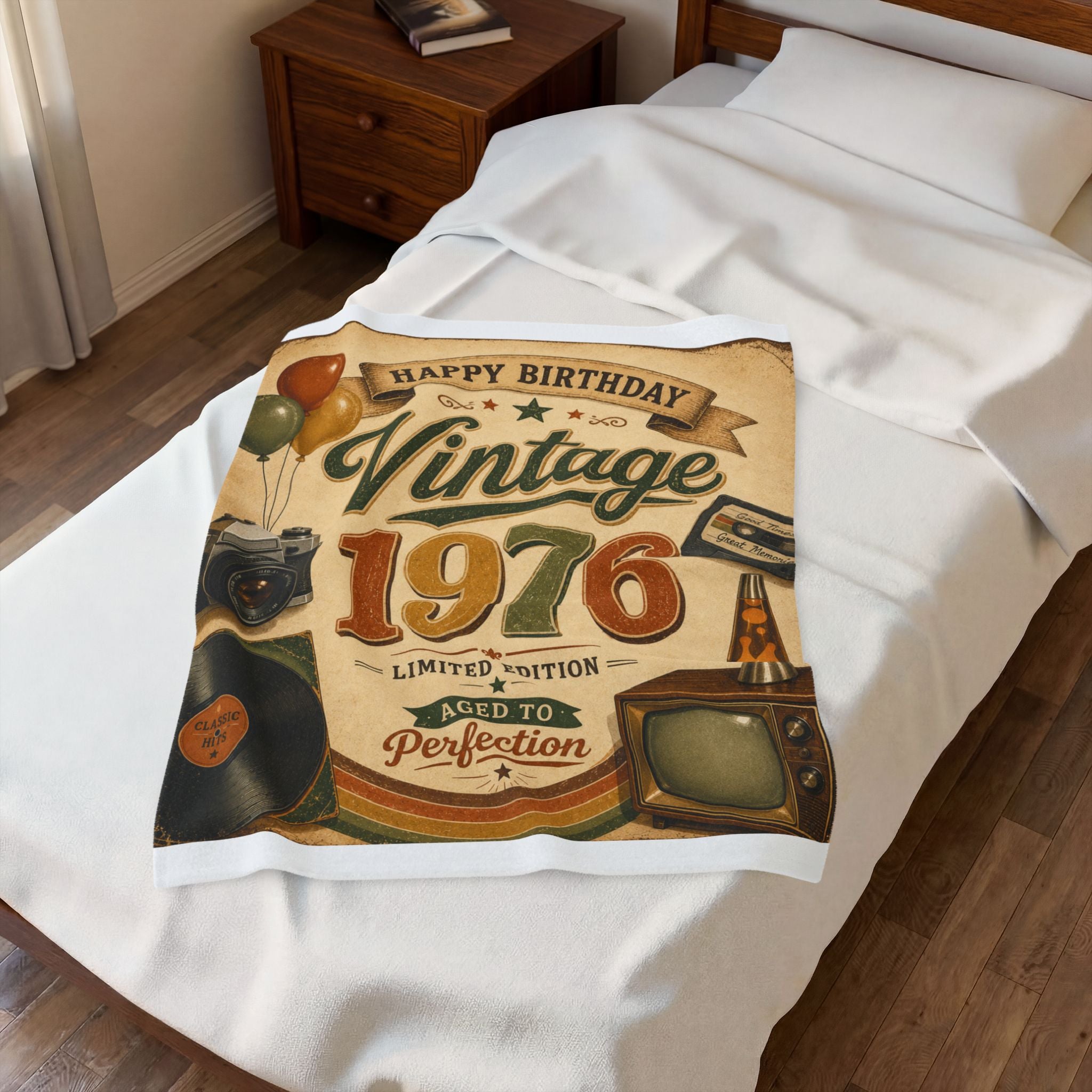 Vintage 1976 Birthday Velveteen Plush Blanket