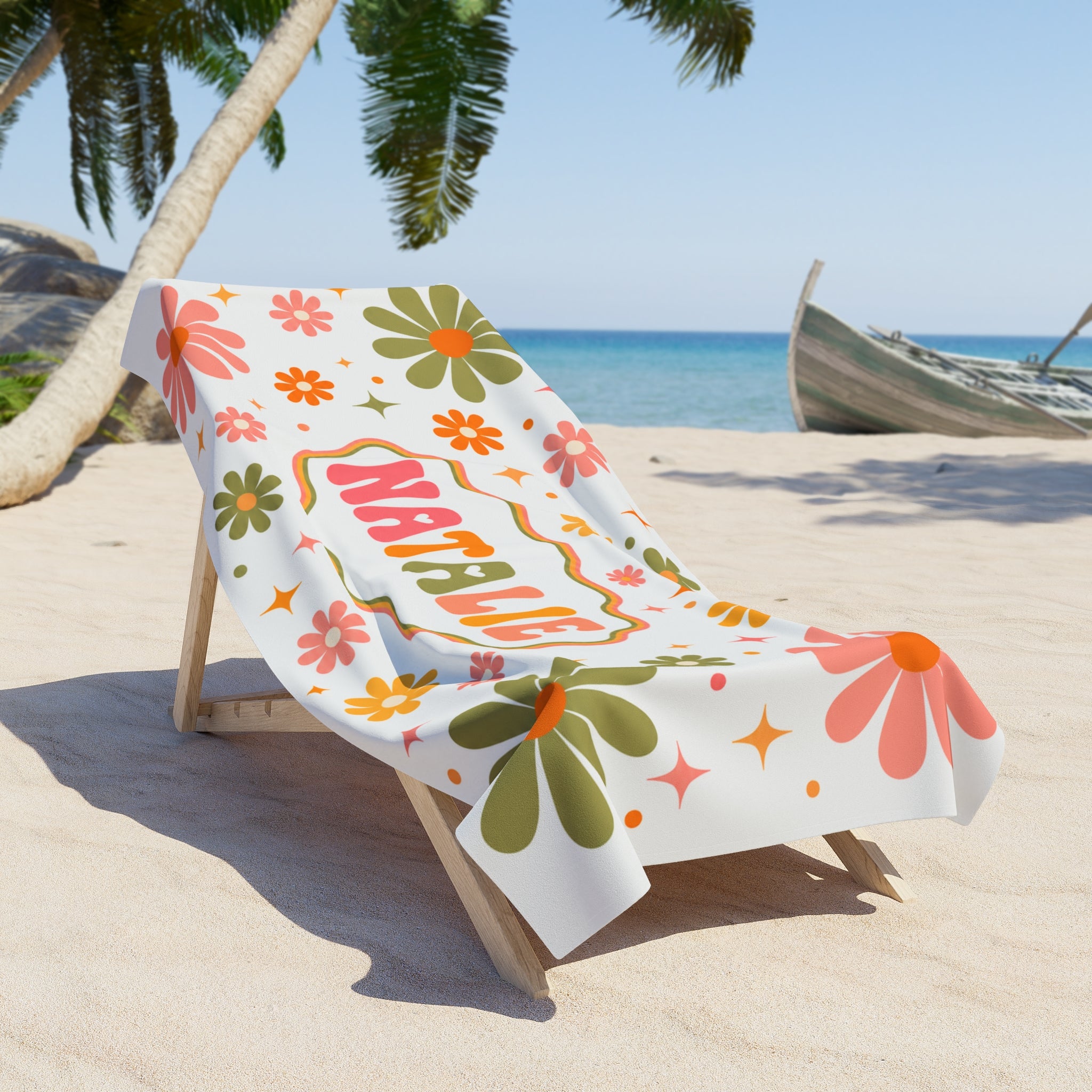 Personalized Retro Floral Beach Towel, Custom Name Groovy Beach Towel, Personalized Groovy Flower Pattern Towel, Personalized Vacation Gift