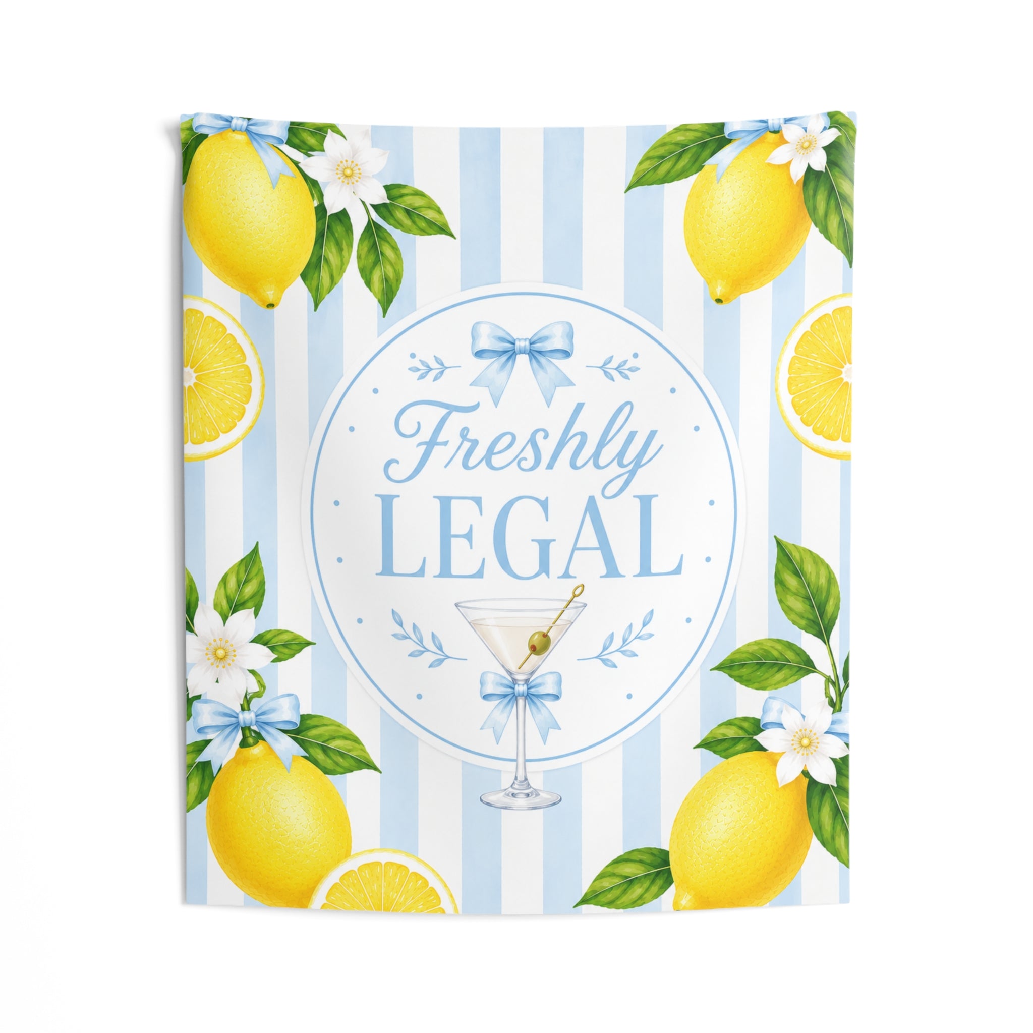 Freshly Legal Lemon Martini Indoor Wall Tapestry | Blue Stripes, Citrus Decor