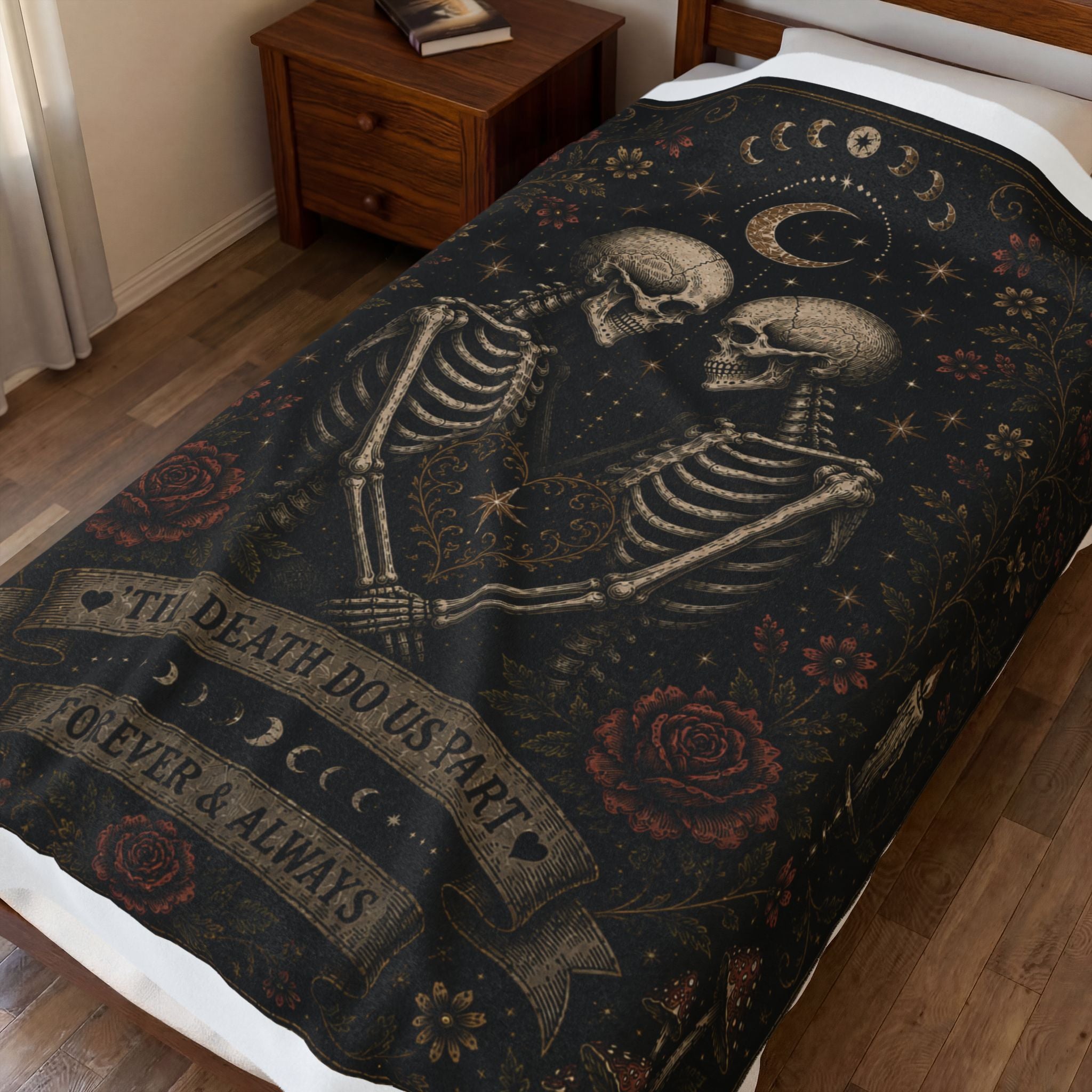 Til Death Do Us Part Skeleton Blanket, Goth Couple Wedding Gift Idea, Skeleton Lovers Wedding Blanket, Spooky Goth Couple Anniversary Gift
