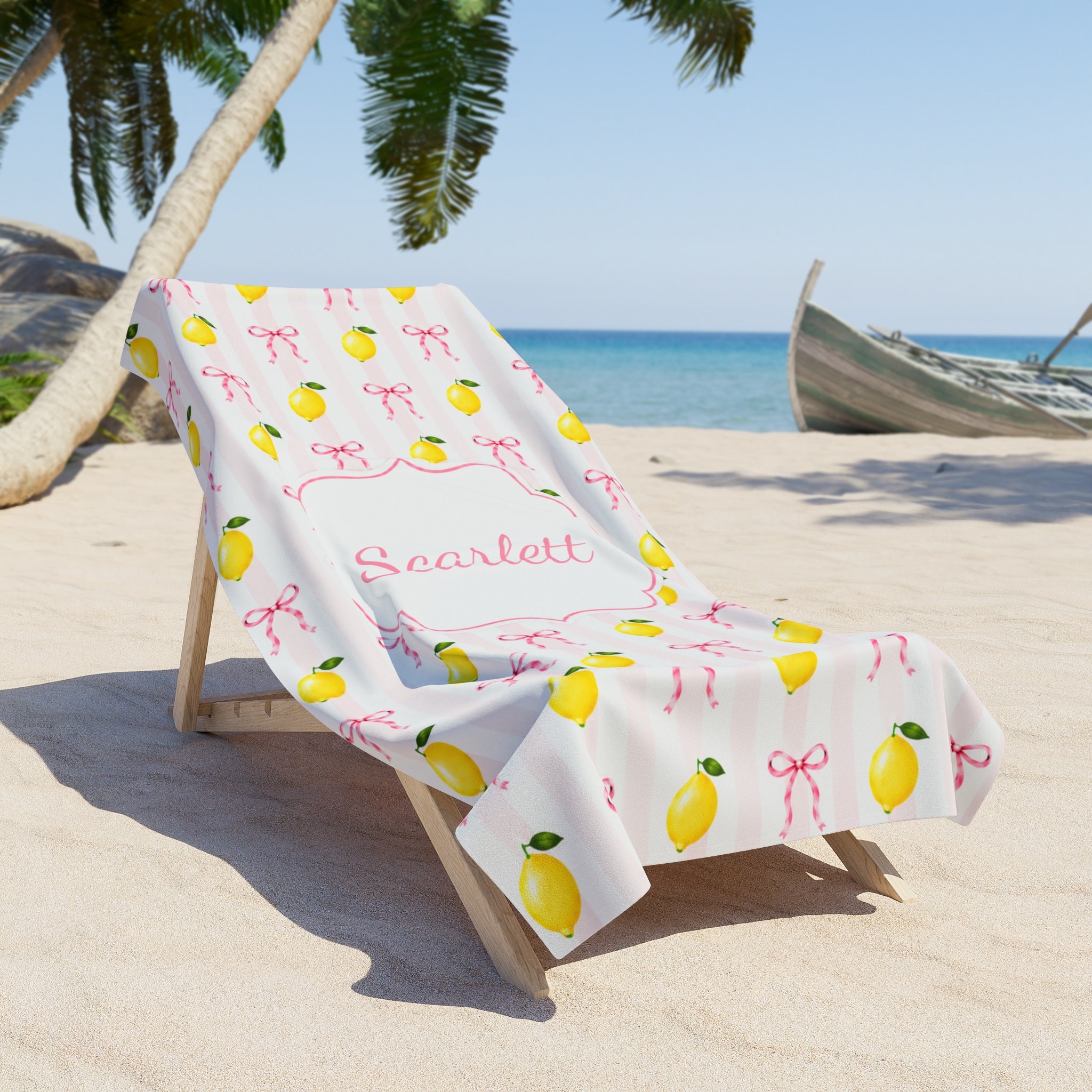 Personalized Lemon Coquette Pattern Beach Towel For Female, Custom Name Lemon And Pink Beach Towel, Lemon Theme Party Favor Gift, Pool Party