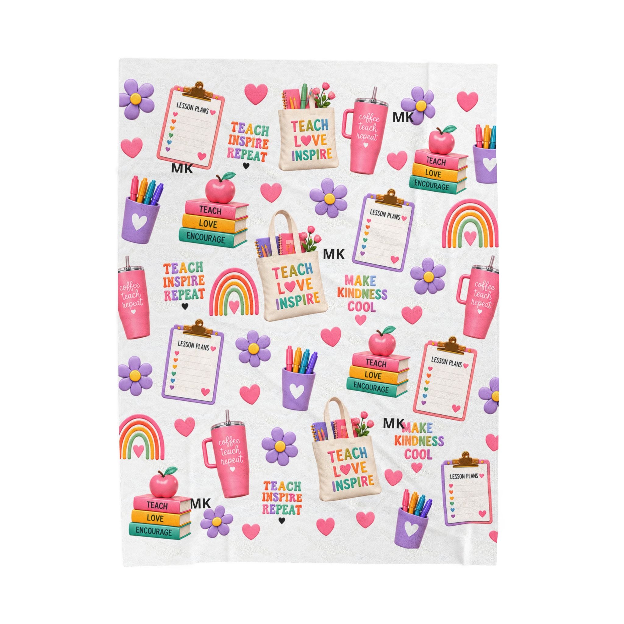 Teacher Themed Pattern Velveteen Plush Blanket | Teach Love Inspire, Rainbows, School Supplies