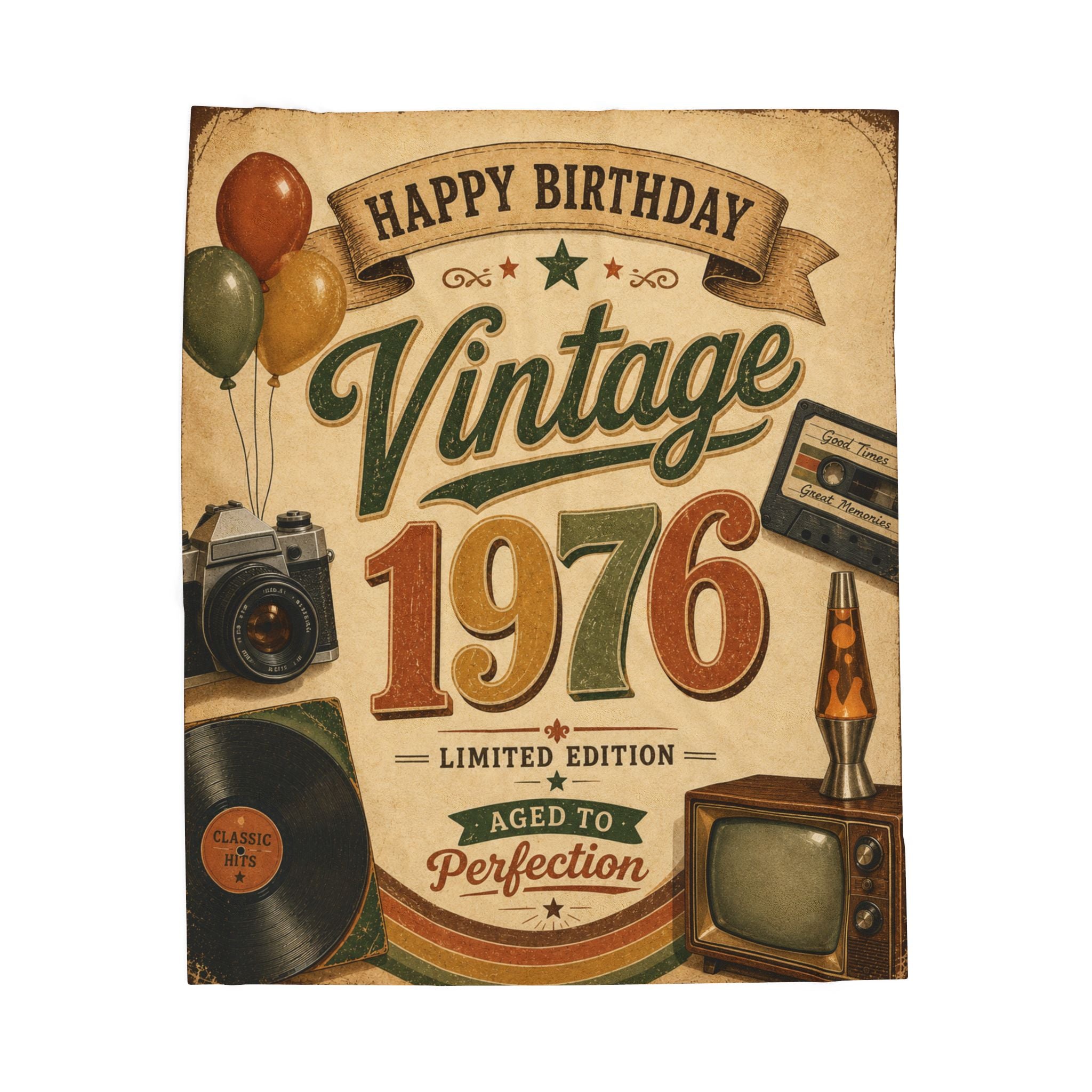 Vintage 1976 Birthday Velveteen Plush Blanket
