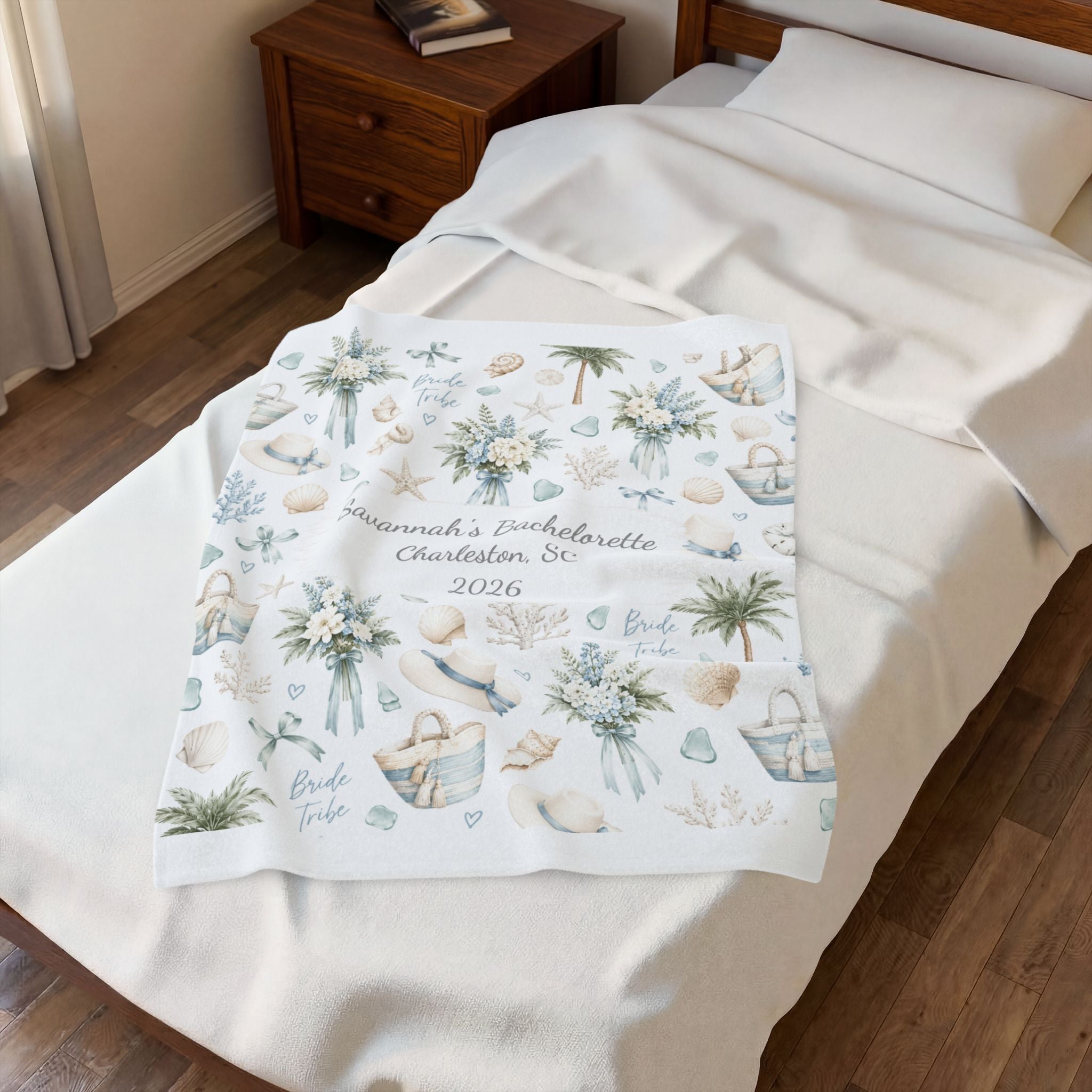 Personalized Coastal Bride Tribe Floral Plush Blanket, Custom Coastal Bachelorette Party Blanket, Matching Preppy Beach Bach Gift,Charleston