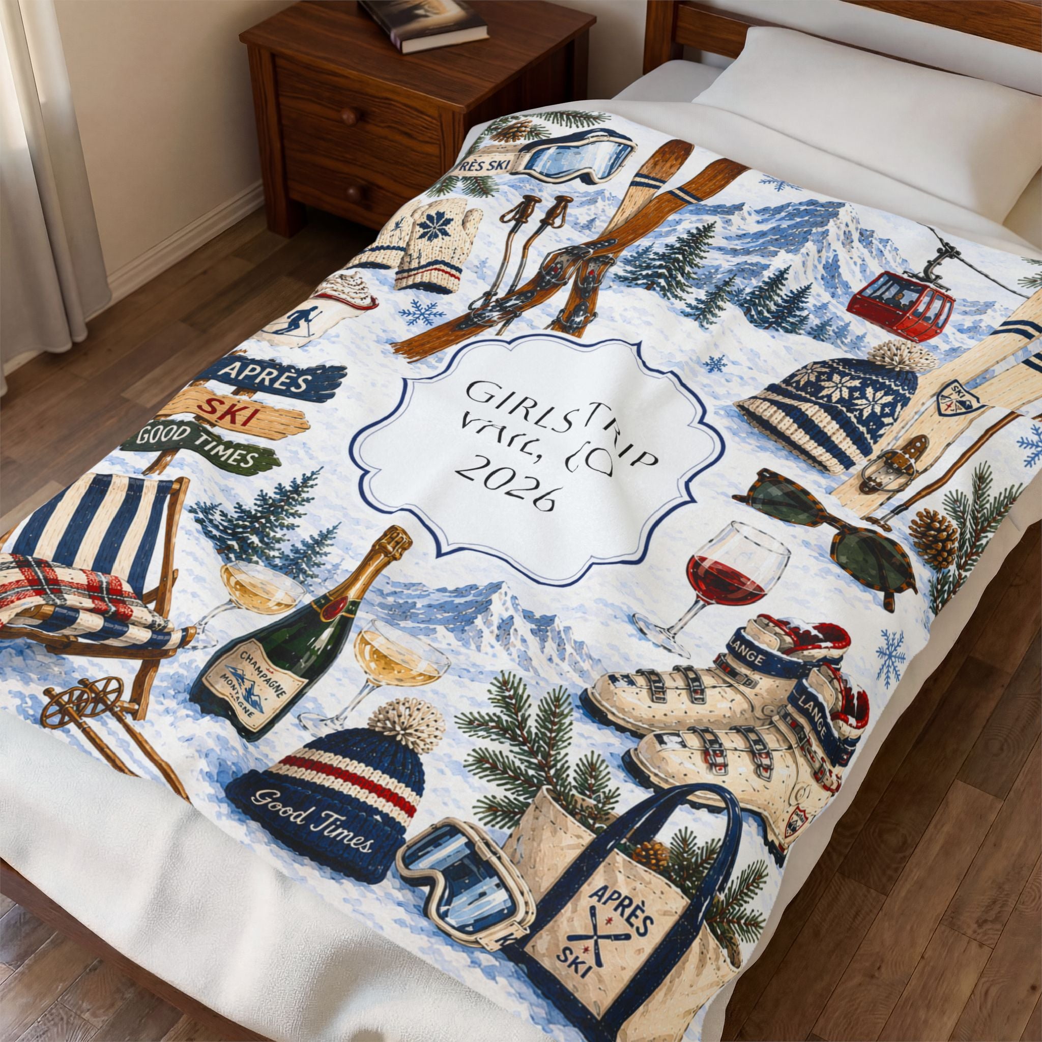 Personalized Snow Ski Velveteen Blanket, Custom Lodge Collage Cozy Blanket, Matching Skiing Girls Trip Blanket, Custom Family Ski Trip Gift