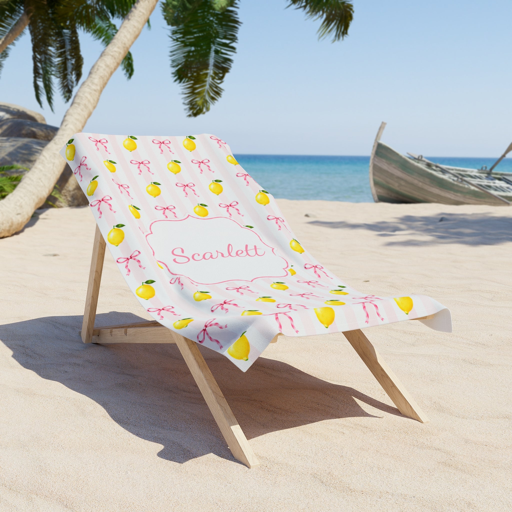 Personalized Lemon Coquette Pattern Beach Towel For Female, Custom Name Lemon And Pink Beach Towel, Lemon Theme Party Favor Gift, Pool Party