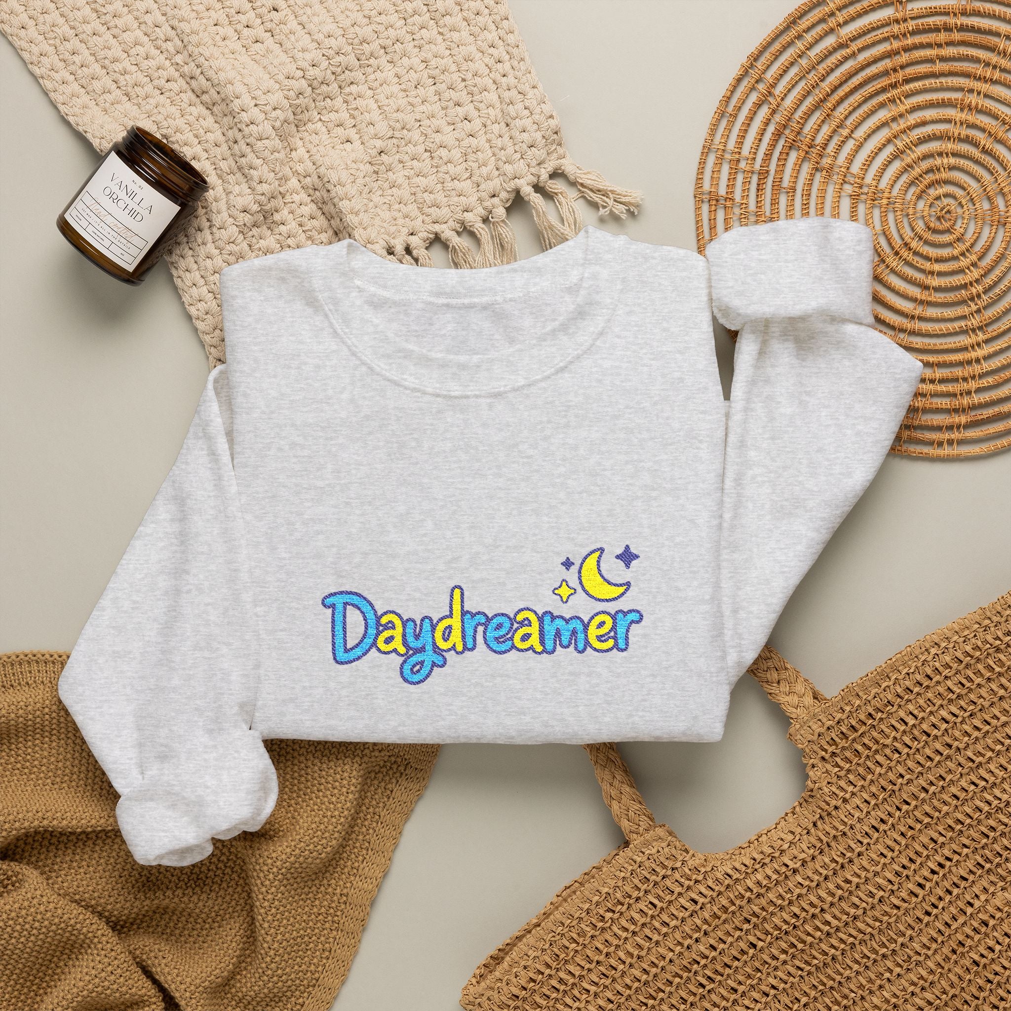 Daydreamer Embroidered Crewneck Sweatshirt with Moon and Stars Design, Day Dreamer Gift for Dreamers