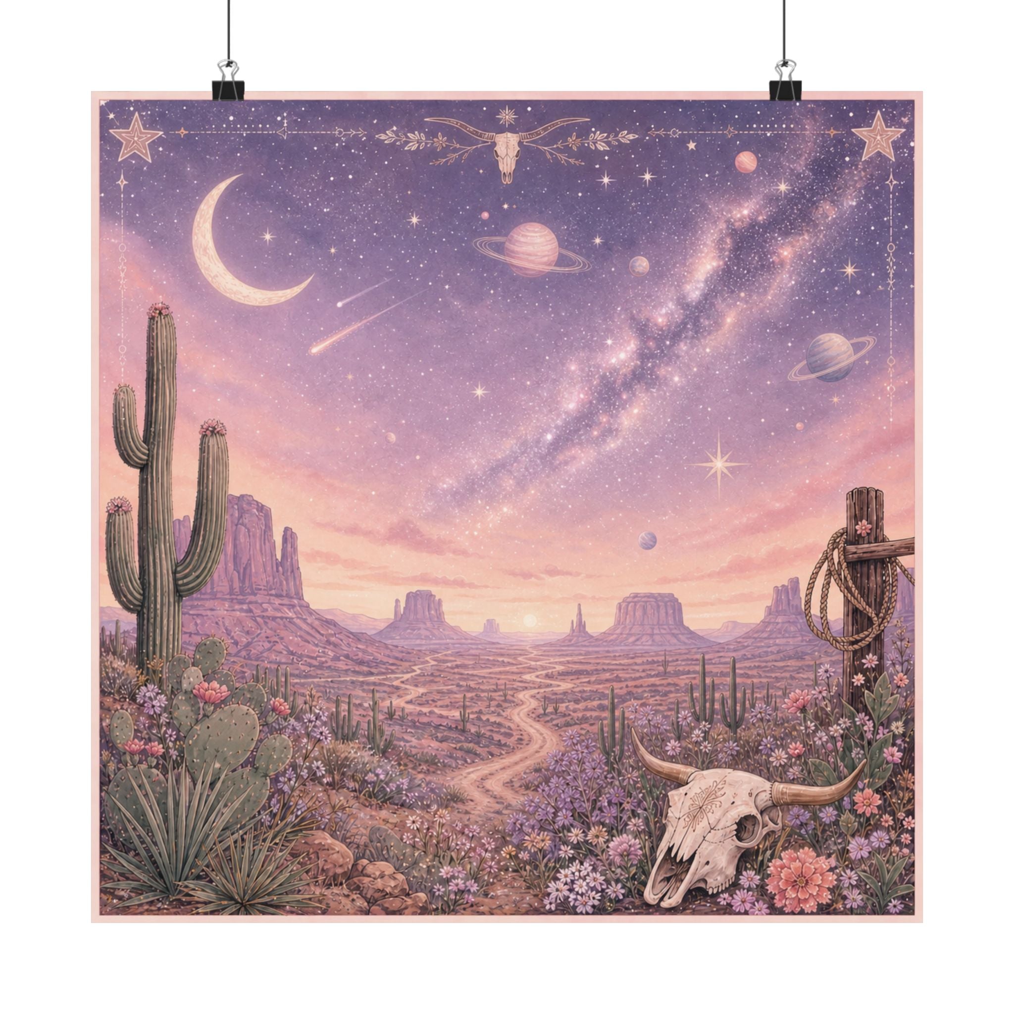 Desert Night Sky Skull Poster | Pastel Western Cosmic Landscape Matte Poster, Southwestern Galaxy Landscape, Pastel Southwestern Decor