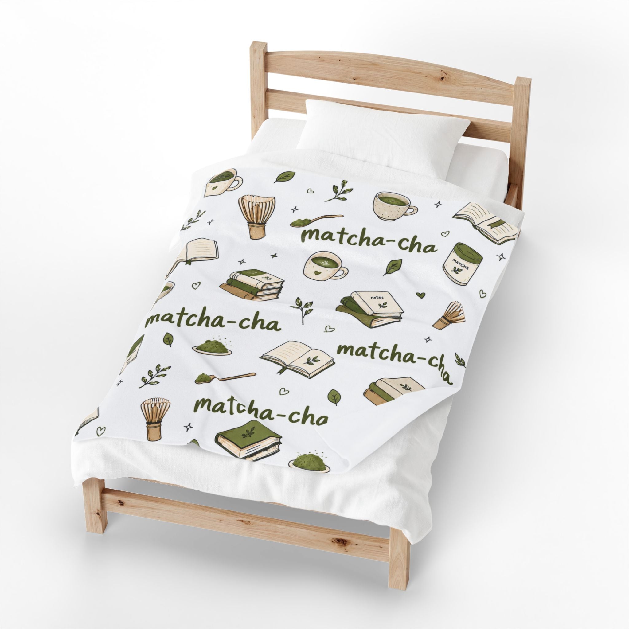 Matcha-cha Pattern Velveteen Plush Blanket | Tea Books Cozy Throw