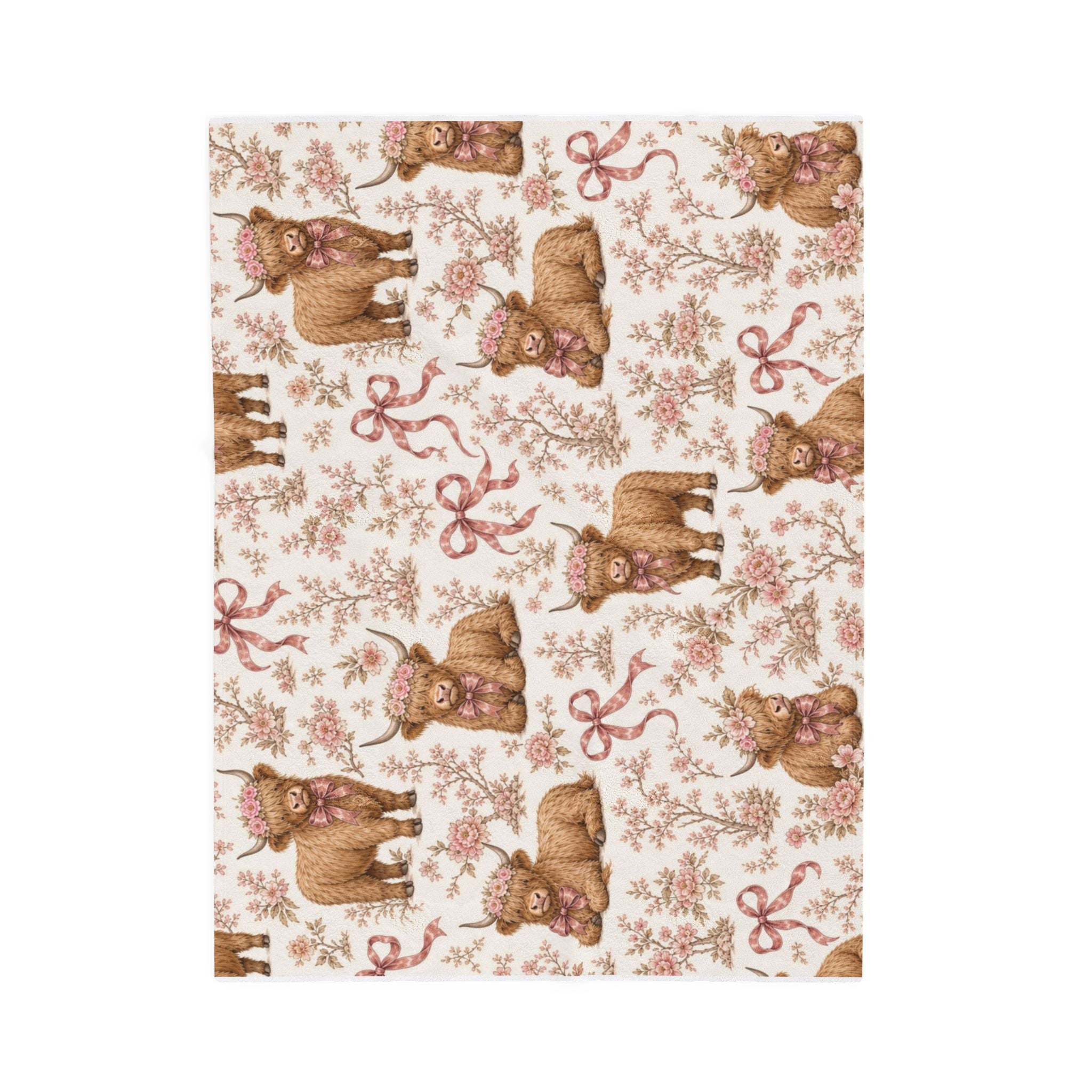 Highland Cow Coquette Floral Pattern Blanket | Cute Nursery Velveteen Plush