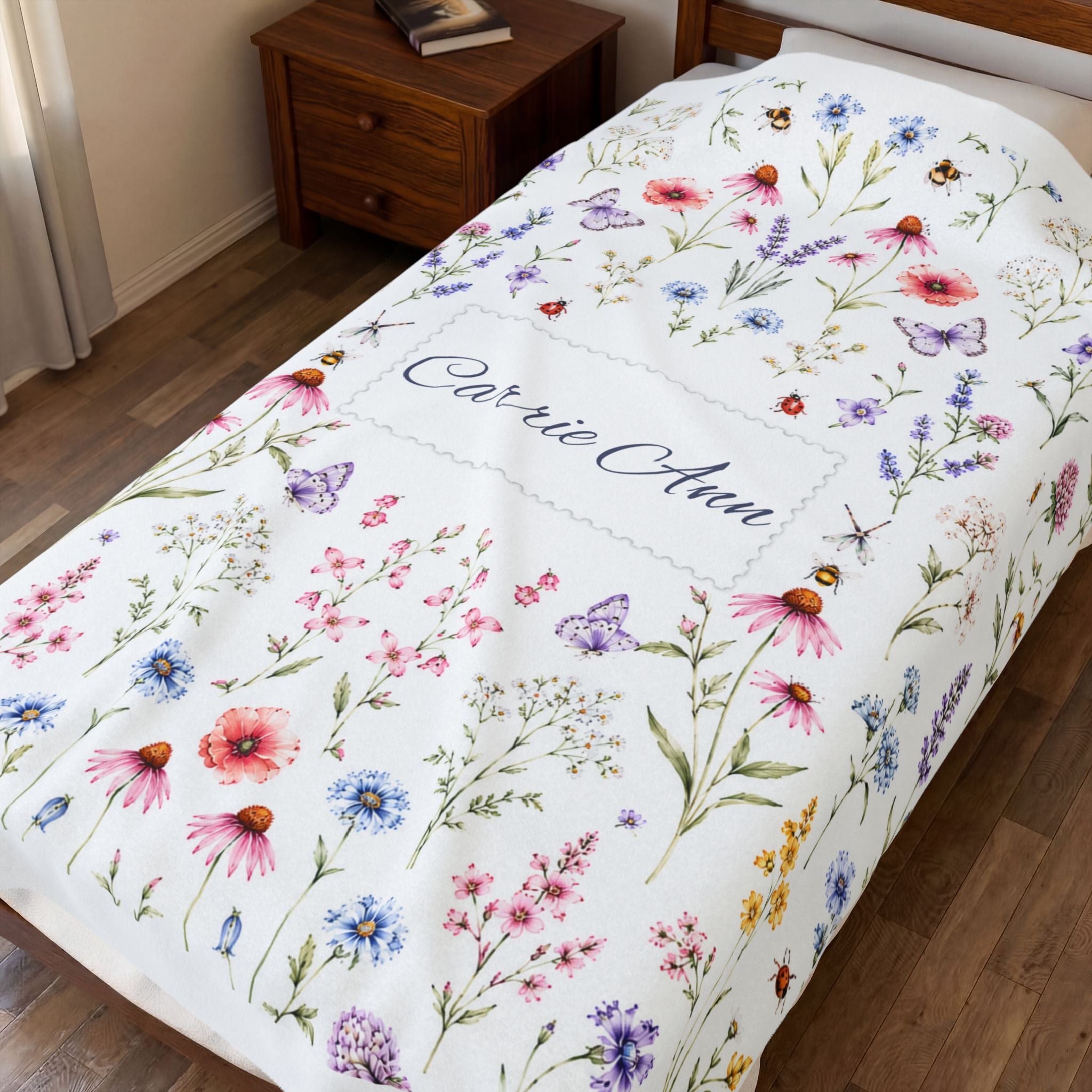 Personalized Watercolor Wildflower Butterfly Velveteen Plush Blanket, Personalized Name Blanket For Her, Custom Pastel Floral Blanket, Gift