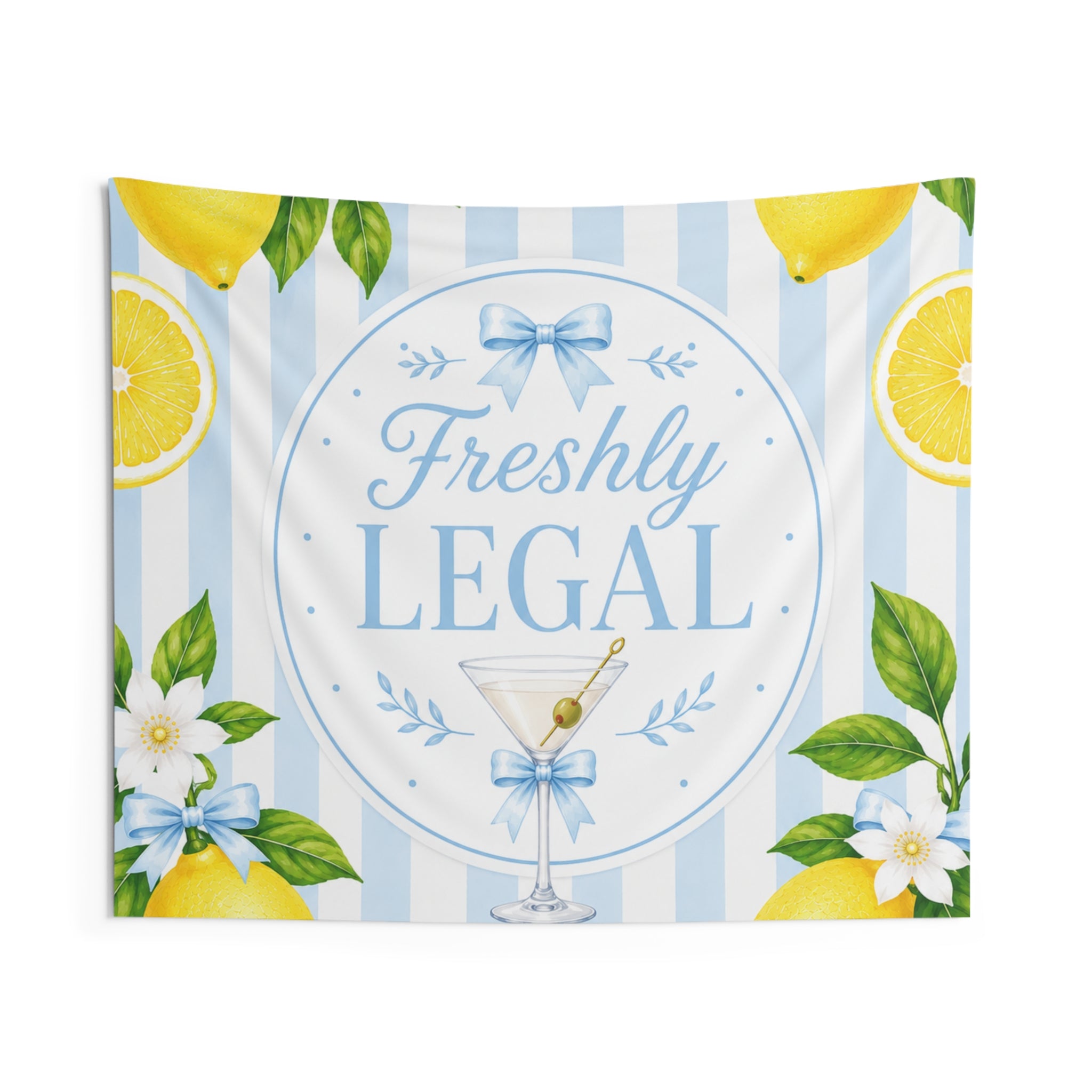Freshly Legal Lemon Martini Indoor Wall Tapestry | Blue Stripes, Citrus Decor