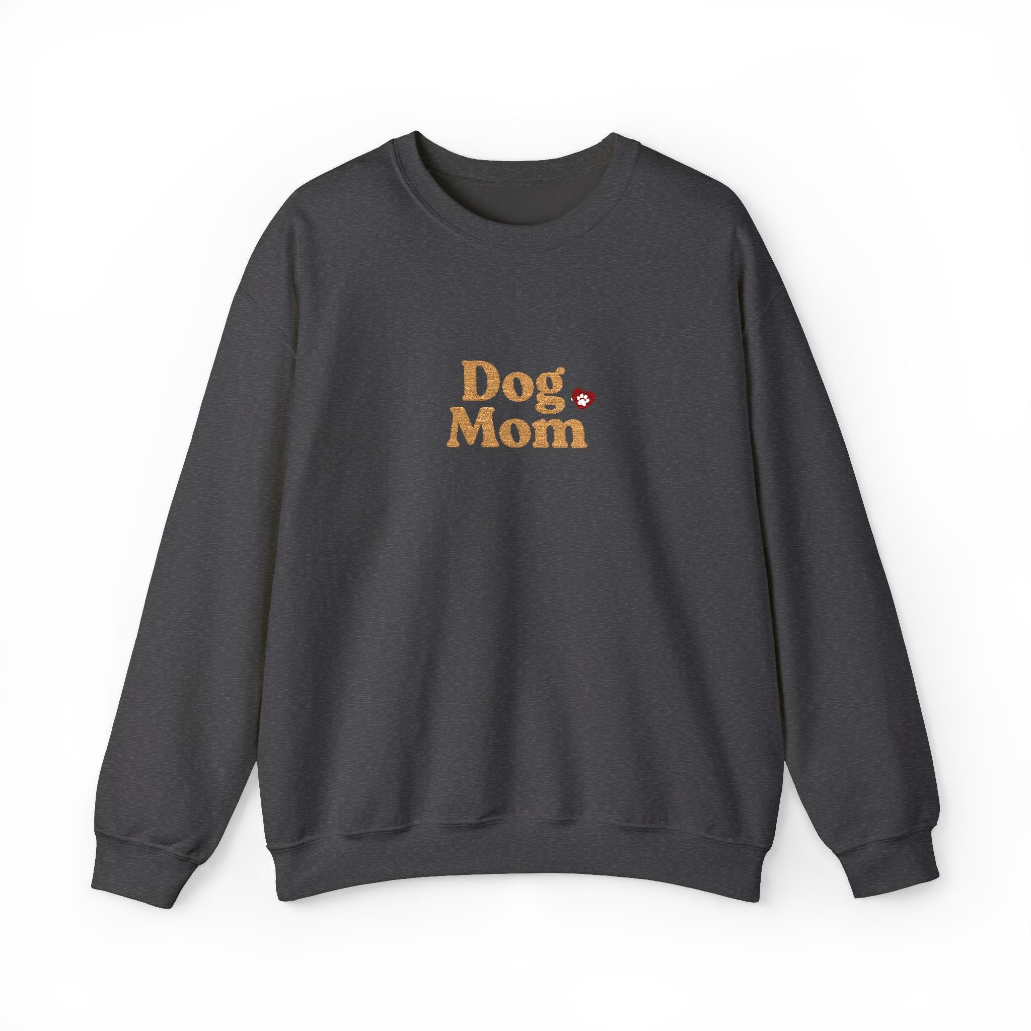 Dog Mom Embroidered Crewneck Sweatshirt with Paw Print Heart Design, Cozy Gift for Dog Moms and Mamas