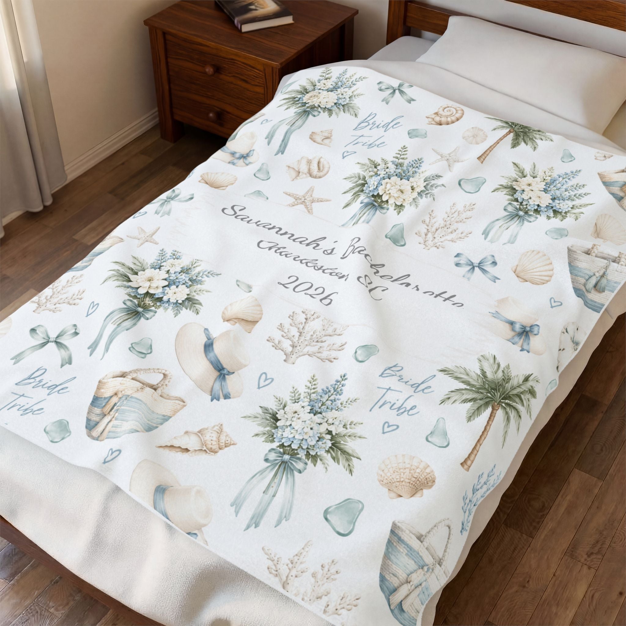 Personalized Coastal Bride Tribe Floral Plush Blanket, Custom Coastal Bachelorette Party Blanket, Matching Preppy Beach Bach Gift,Charleston