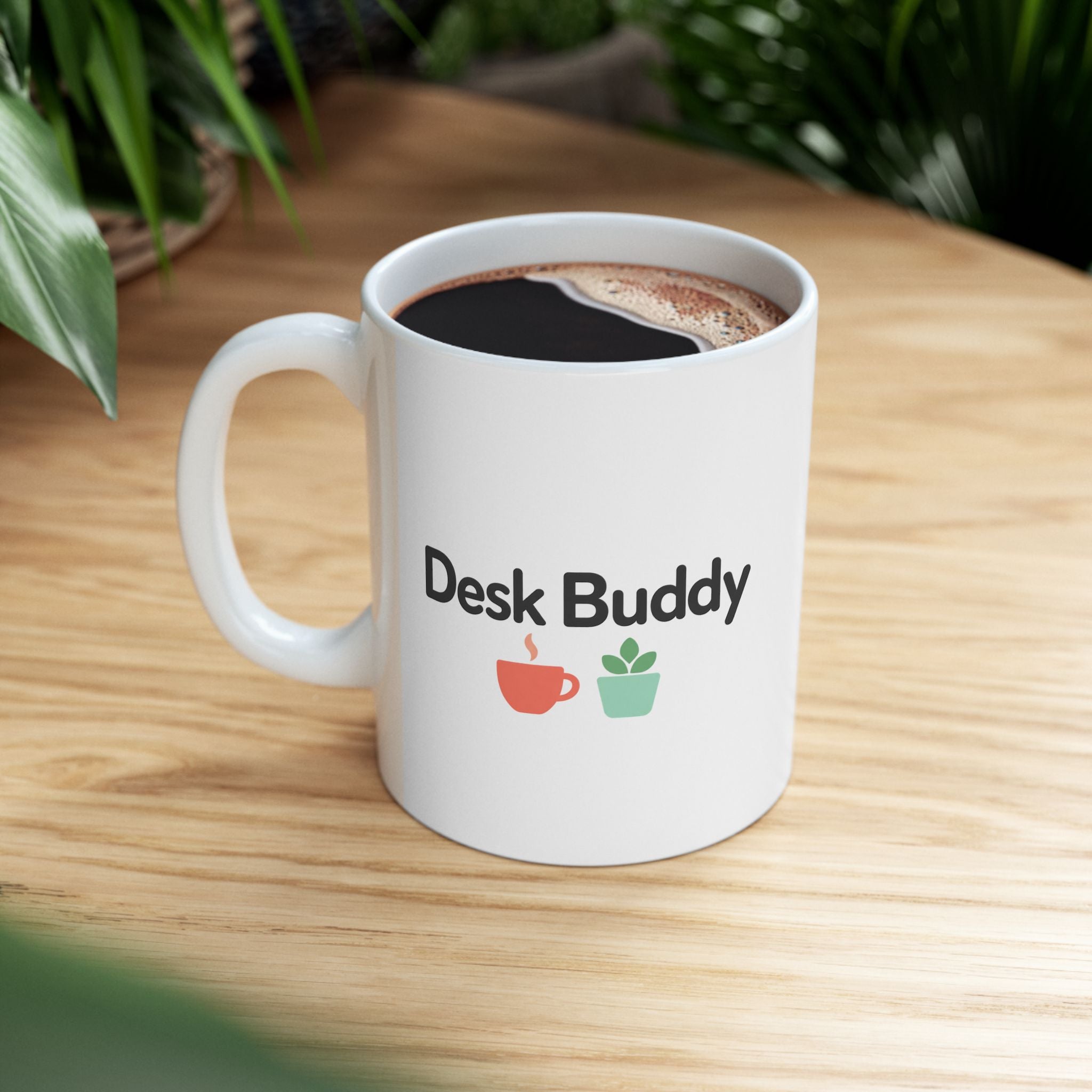 Desk Buddy Coffee Mug, White Ceramic Mug with Coffee Cup and Plant Design, Office Gift Mug for Coworkers