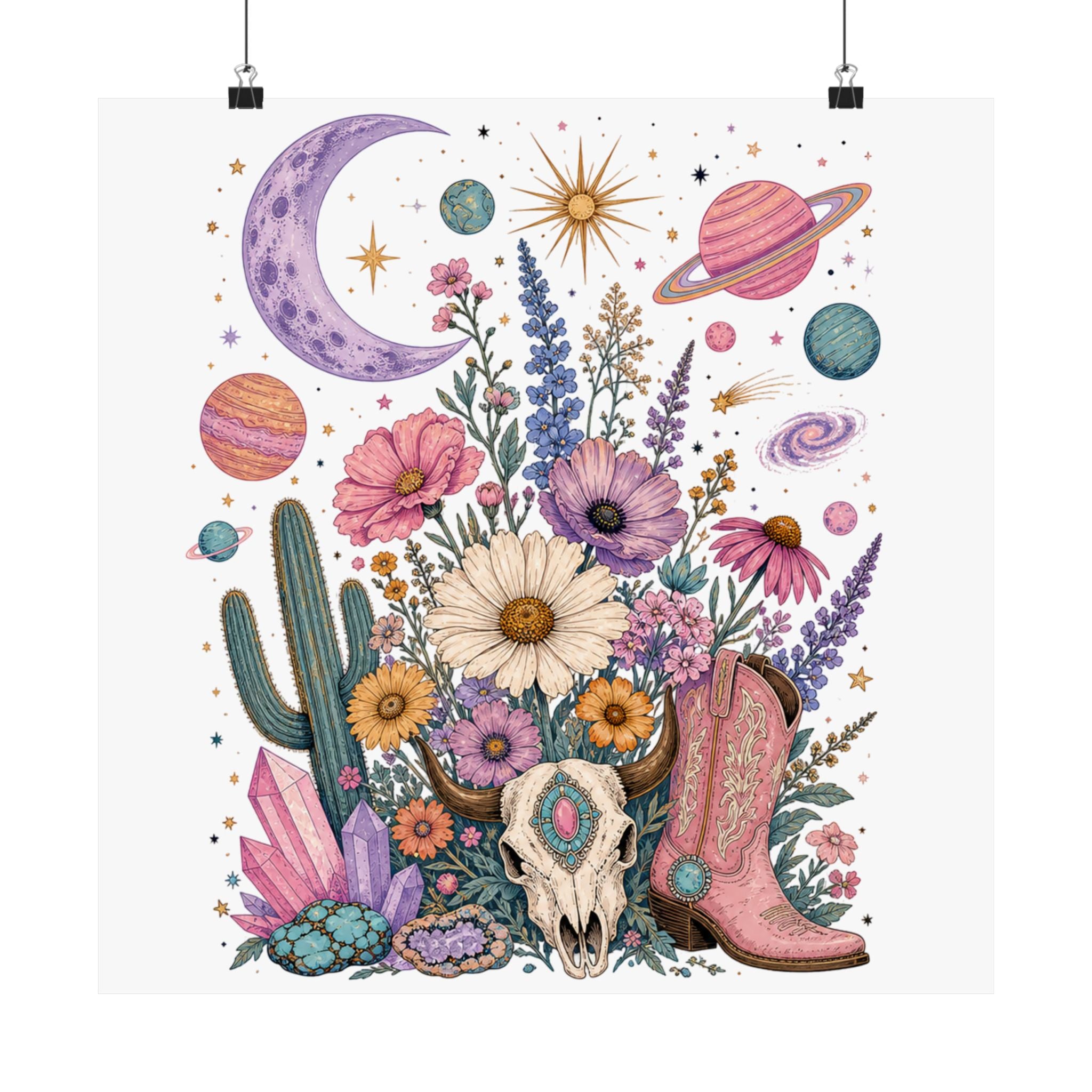 Celestial Wildflower Cow Skull Cowboy Boot Poster | Matte Vertical Poster