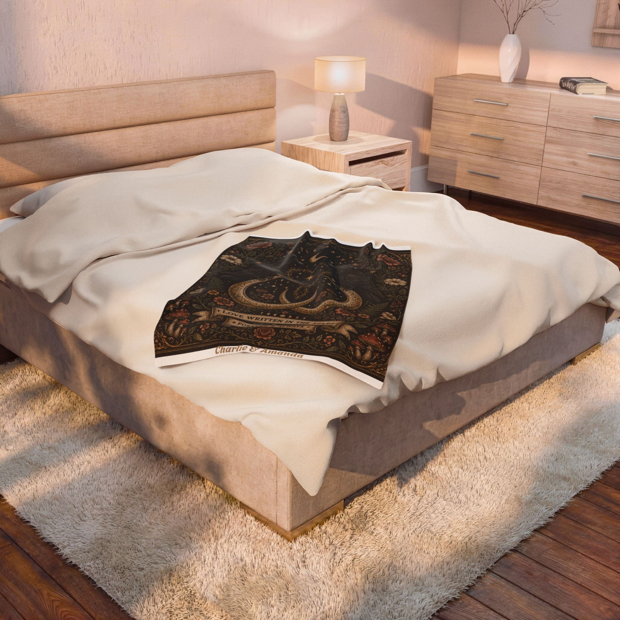 Love Written in the Stars Raven Crescent Moon Blanket, Personalized Goth Wedding Anniversary Couple Gift, Dark Romantic Wedding Gift, Gothic
