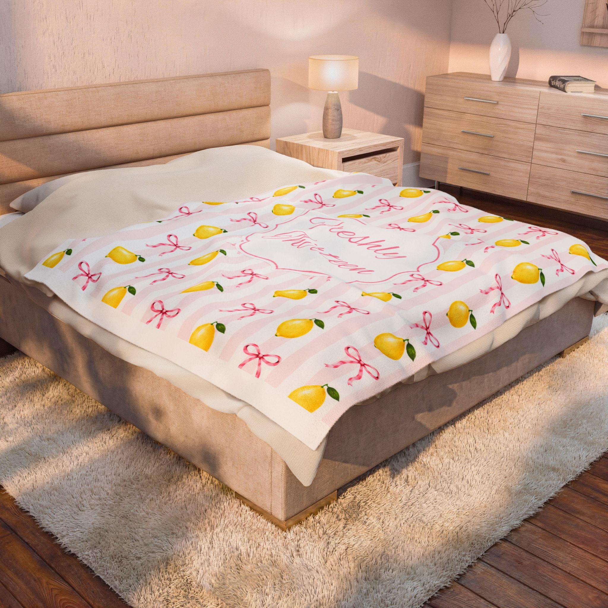 Freshly Thirteen Velveteen Plush Blanket | Thirteenth Birthday Lemon Bow Pattern Decor, 13th Birthday Backdrop, Officially A Teen Gift Idea
