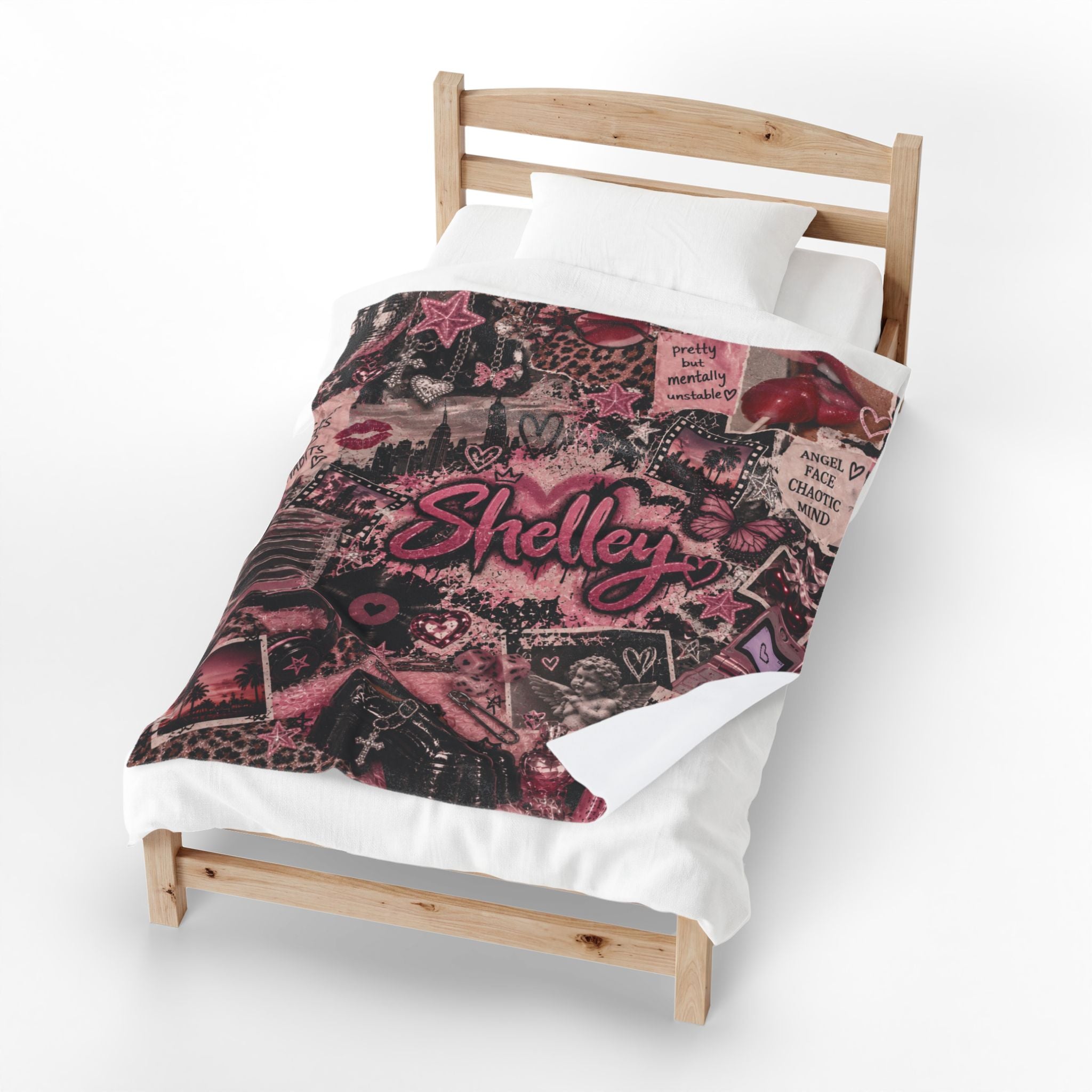 Pink Collage Name Script Velveteen Plush Blanket | Personalized Photo Sticker Aesthetic