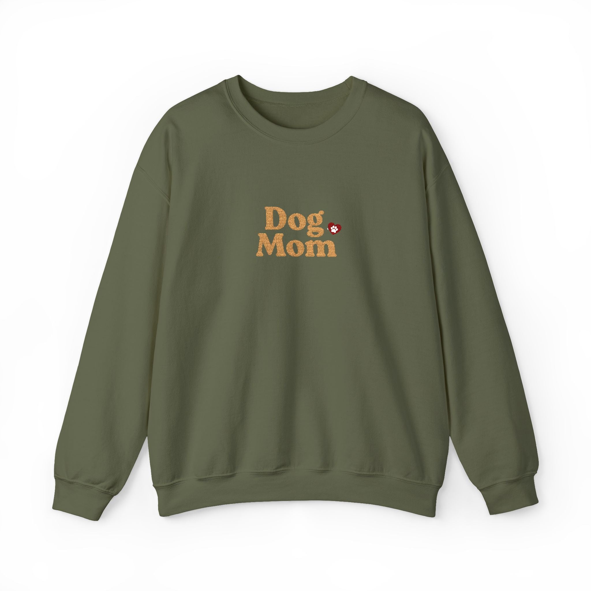 Dog Mom Embroidered Crewneck Sweatshirt with Paw Print Heart Design, Cozy Gift for Dog Moms and Mamas