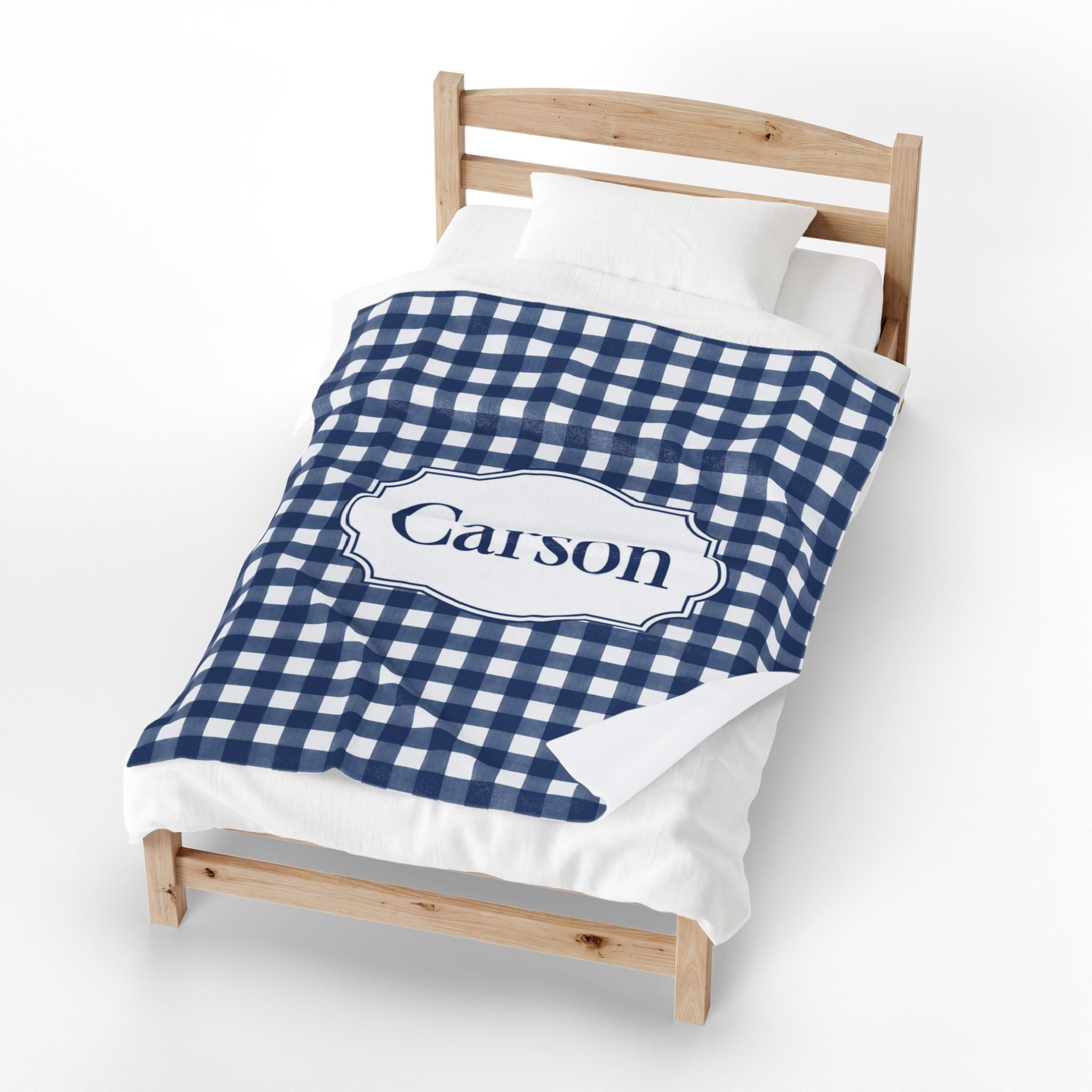 Custom Navy Gingham Monogram Blanket Velveteen Plush Blanket | Personalized Name Gift
