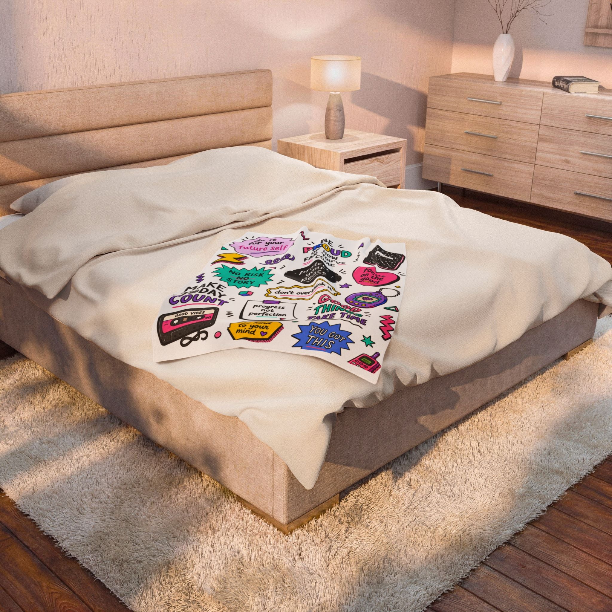 Inspirational Quote Doodle Blanket, 90's Positive Quote Doodle Blanket For College Student, Motivational Quote Cozy Blanket, Dorm Room Decor