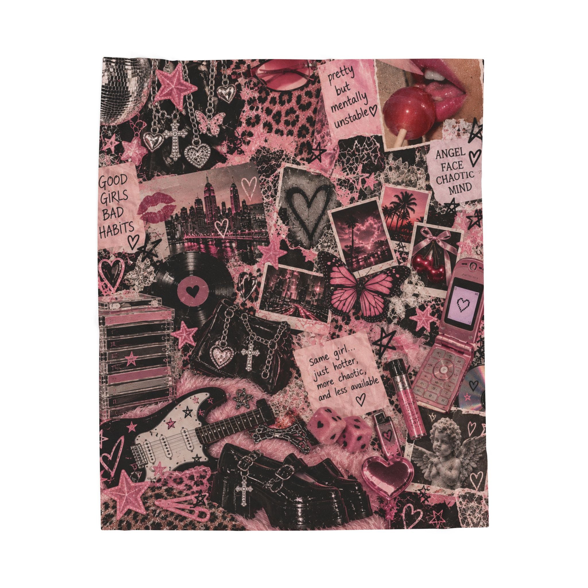 Pink Collage Heart Butterfly Velveteen Blanket | Y2K Aesthetic Plush Throw