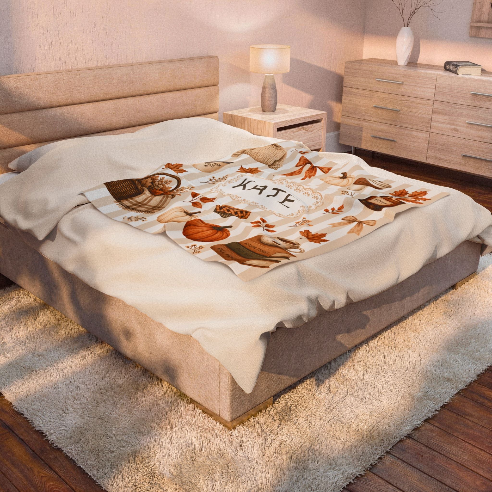 Personalized Autumn Dorm Blanet For College Girl, Custom Name Cozy Velveteen Blanket For Her, Aesthetic Fall Pumpkin Cozy Blanket, Dorm Gift