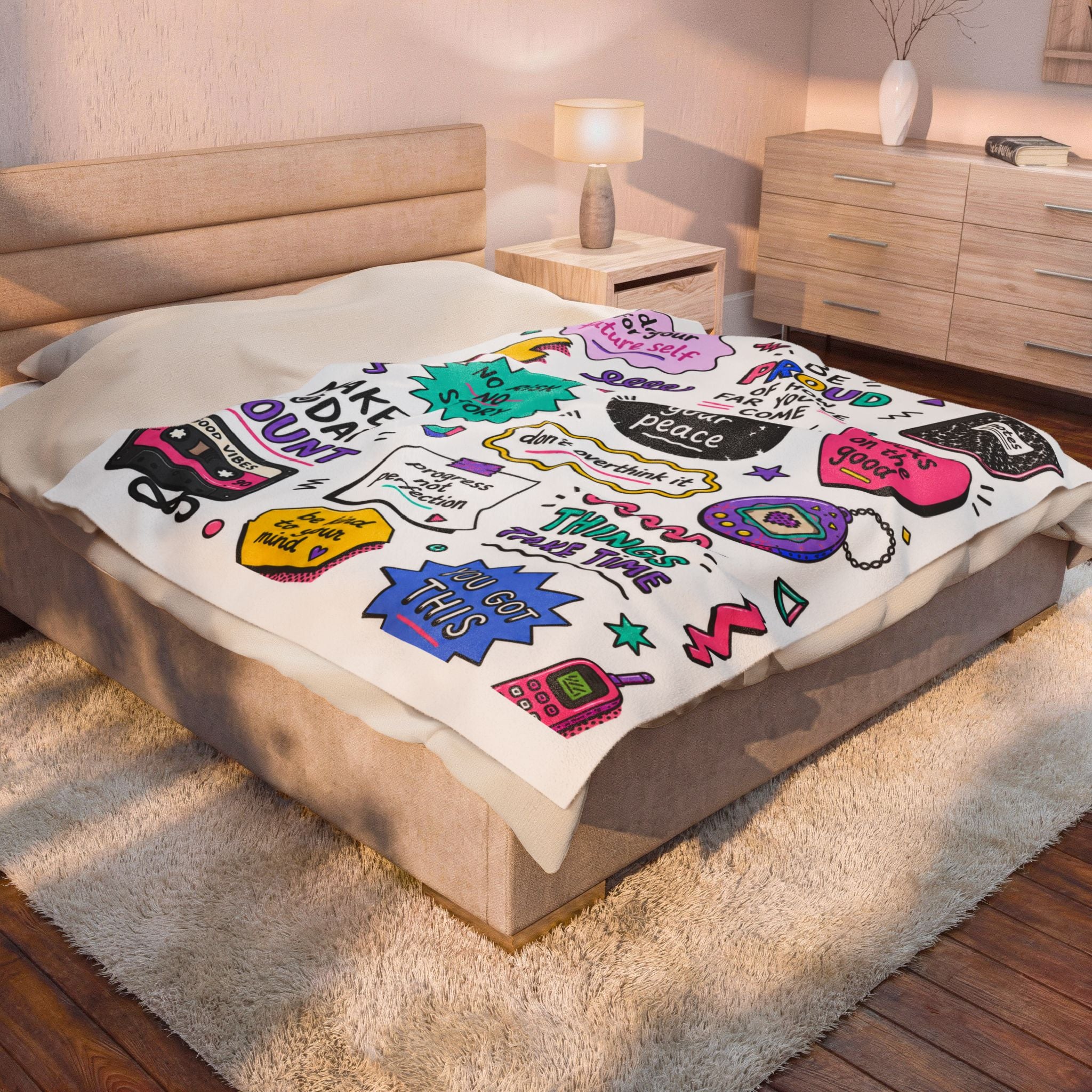 Inspirational Quote Doodle Blanket, 90's Positive Quote Doodle Blanket For College Student, Motivational Quote Cozy Blanket, Dorm Room Decor