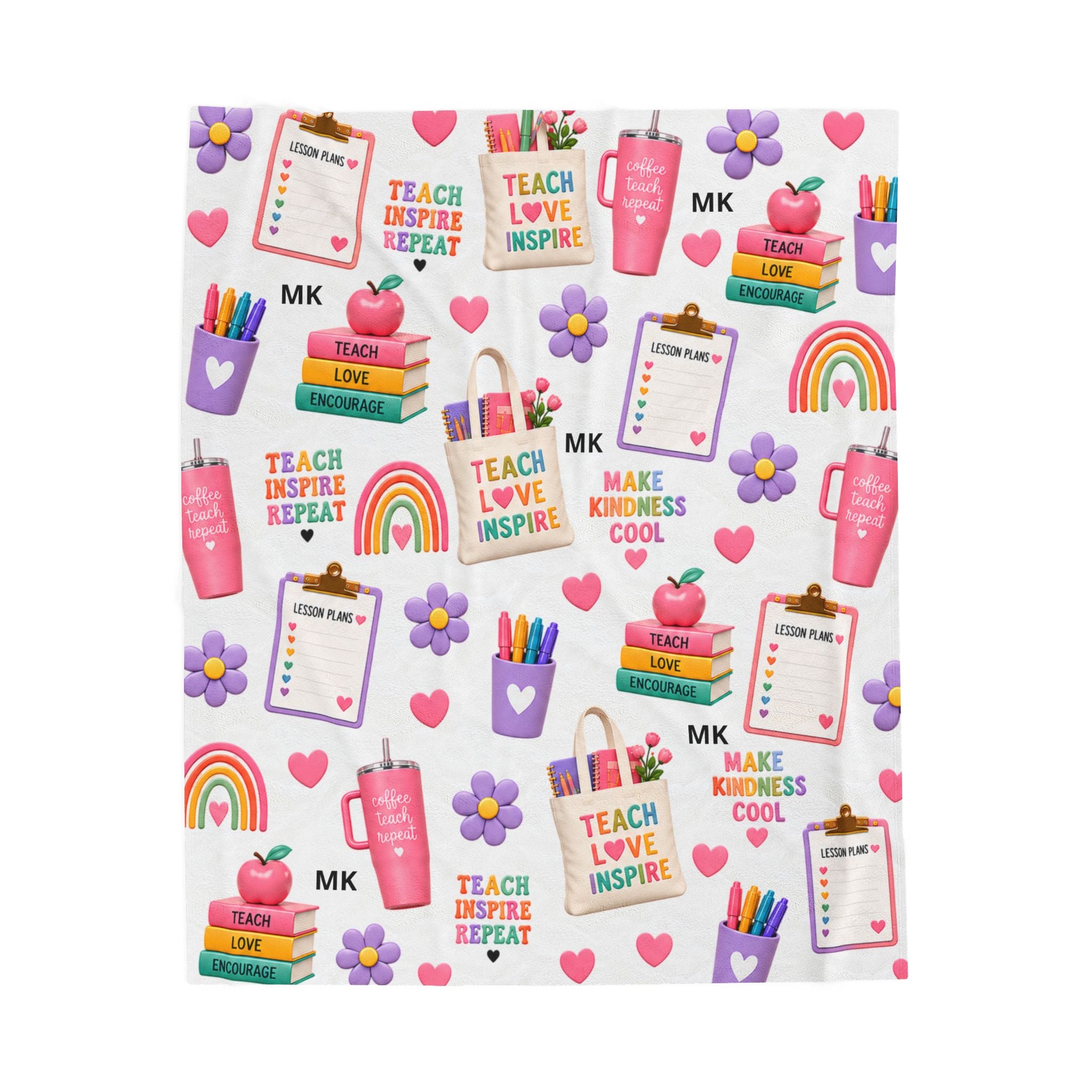 Teacher Themed Pattern Velveteen Plush Blanket | Teach Love Inspire, Rainbows, School Supplies