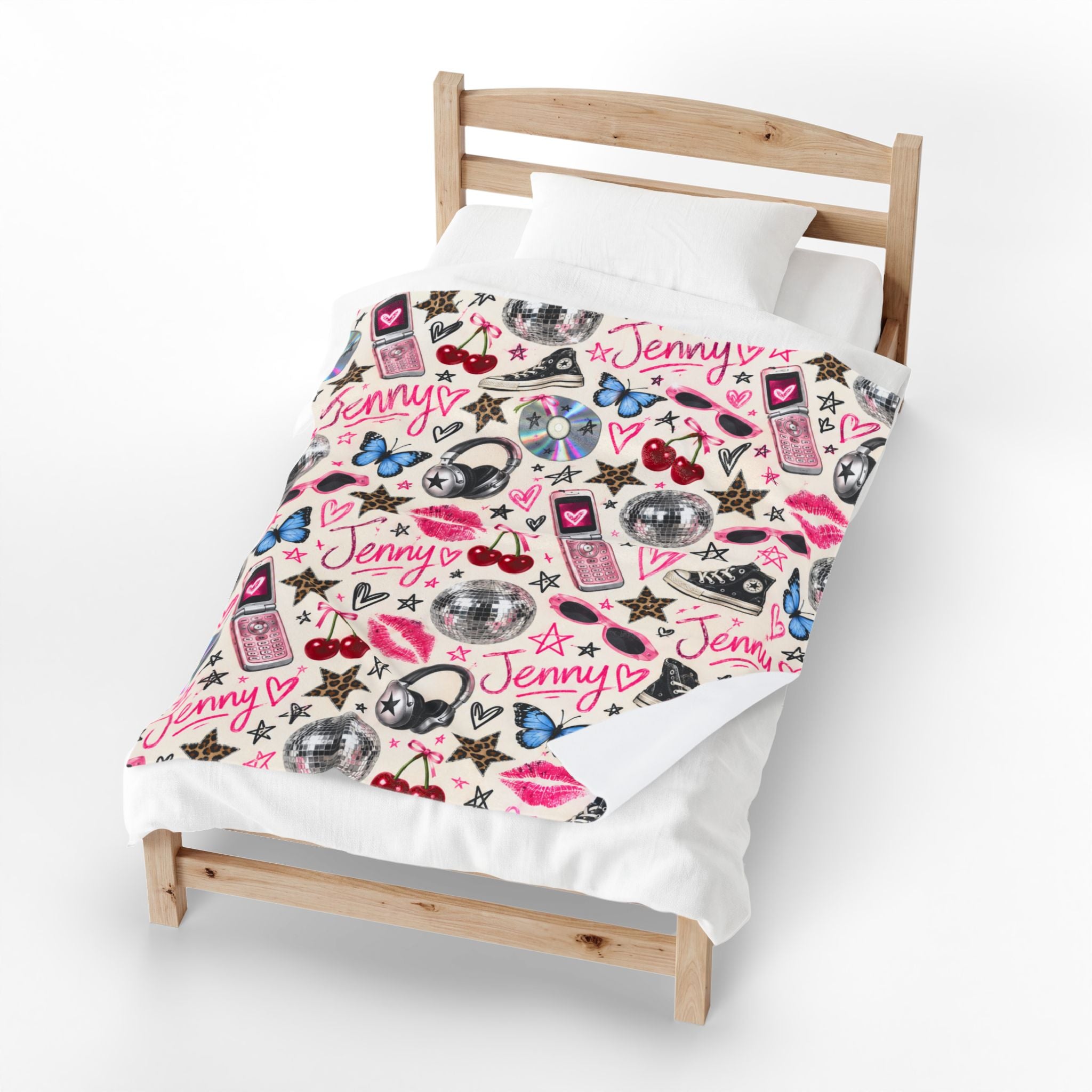 Retro 90s Doodle Pattern Velveteen Plush Blanket | Y2K Indie Aesthetic Decor For Girl