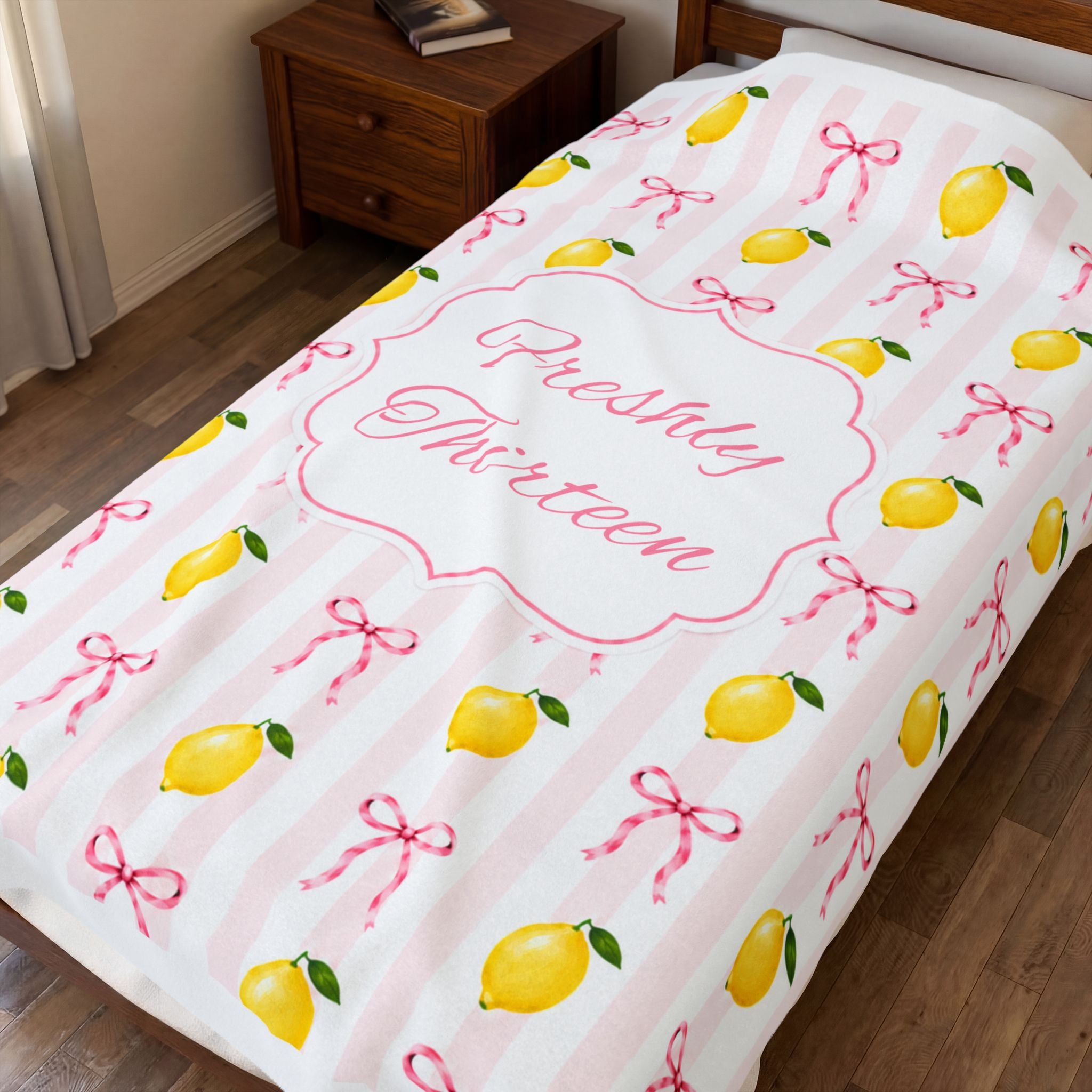 Freshly Thirteen Velveteen Plush Blanket | Thirteenth Birthday Lemon Bow Pattern Decor, 13th Birthday Backdrop, Officially A Teen Gift Idea