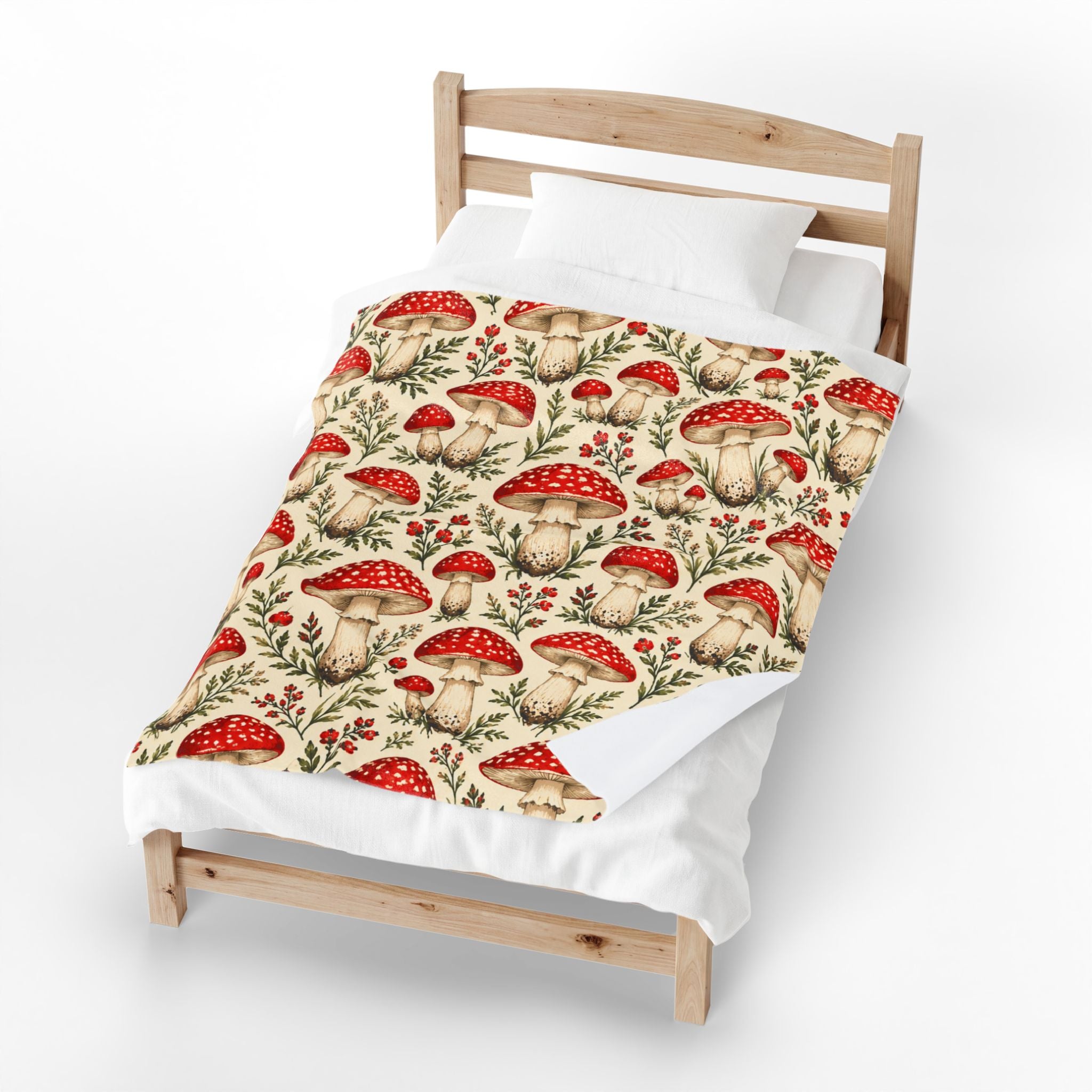 Red Mushroom Pattern Velveteen Plush Blanket, Mushroom Room Decor, Retro Mushroom Decor