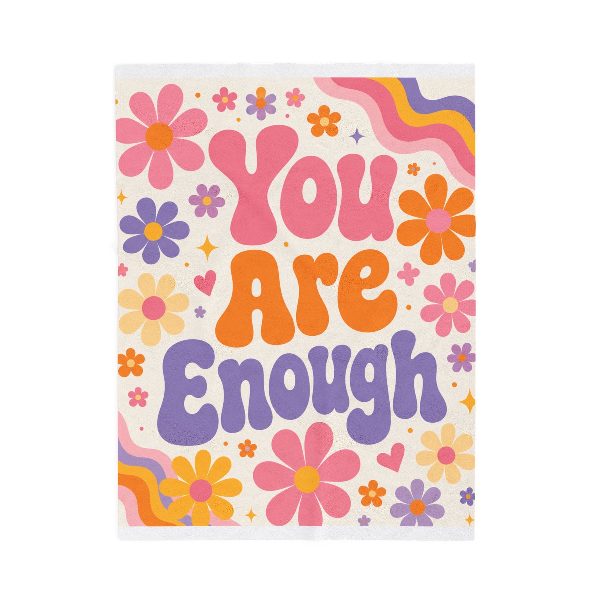 You Are Enough Velveteen Plush Blanket, Retro Flower Positive Quote Blanket, Dopamine Decor Teen Girl Room, College Girl Dorm Decor, Gift