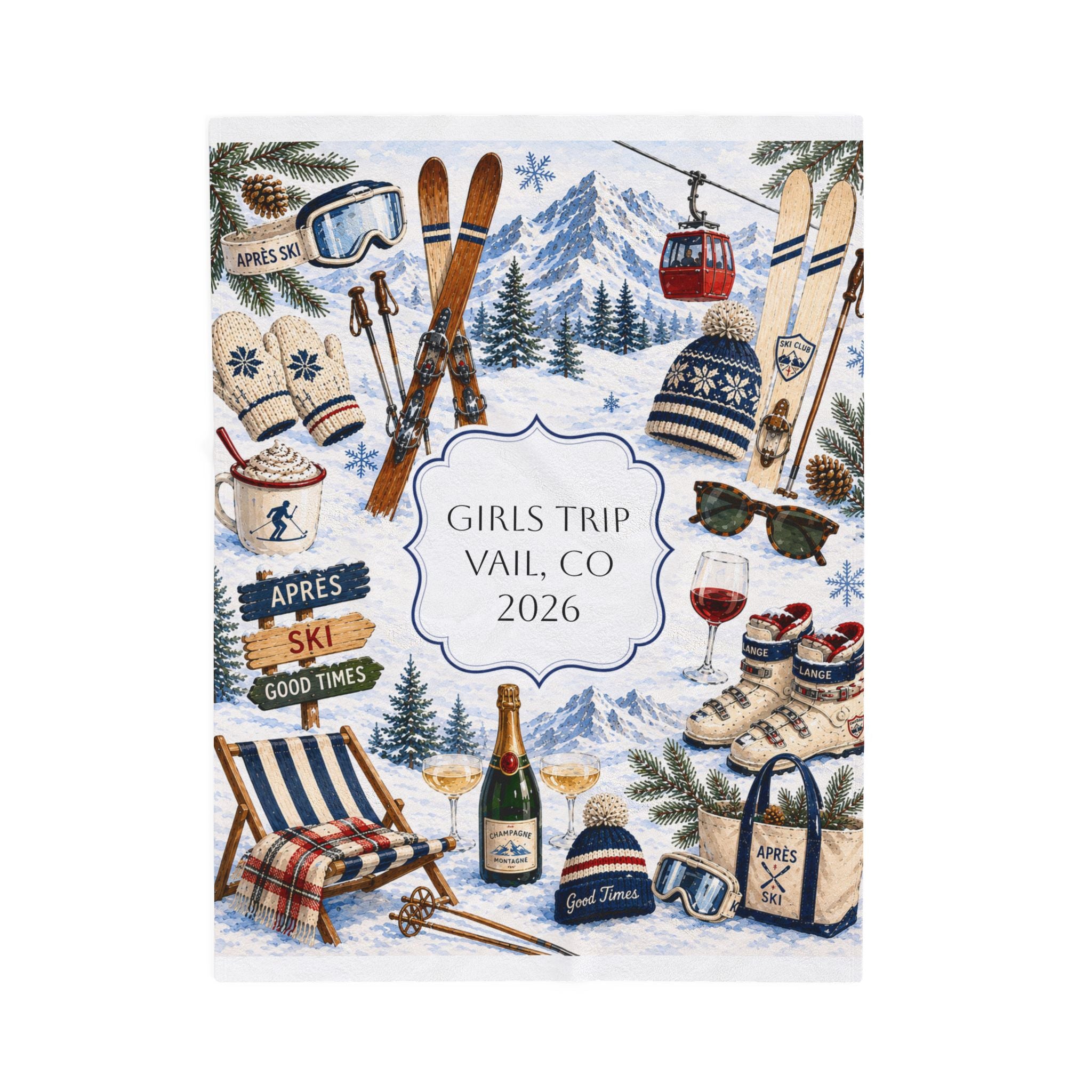 Personalized Snow Ski Velveteen Blanket, Custom Lodge Collage Cozy Blanket, Matching Skiing Girls Trip Blanket, Custom Family Ski Trip Gift