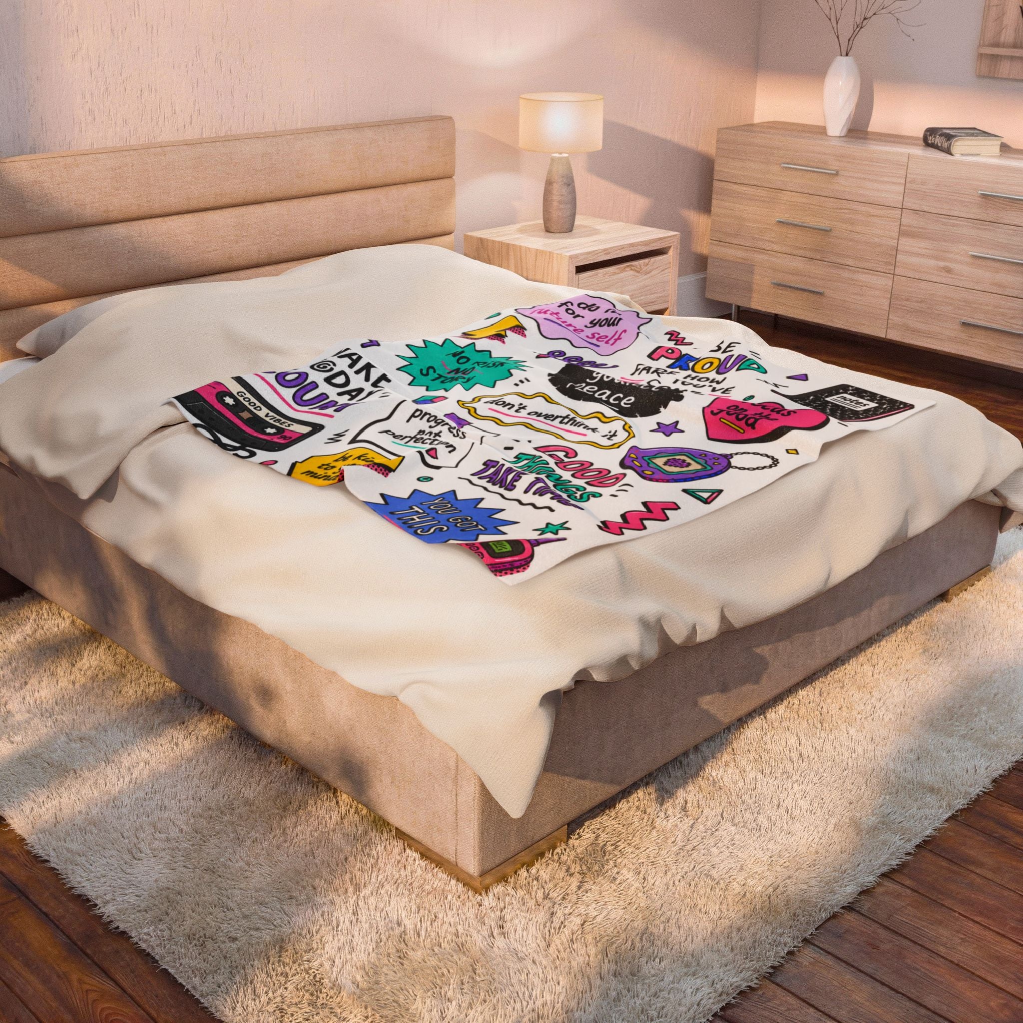 Inspirational Quote Doodle Blanket, 90's Positive Quote Doodle Blanket For College Student, Motivational Quote Cozy Blanket, Dorm Room Decor